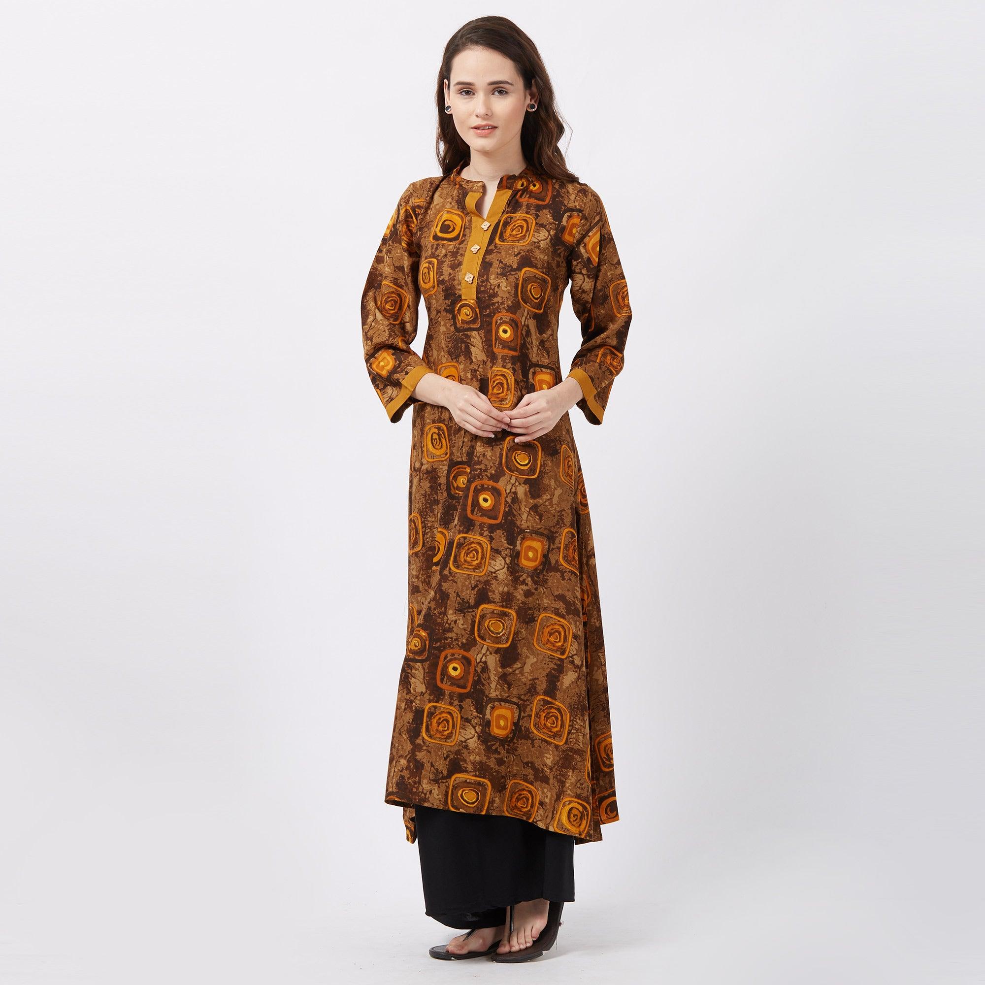 Brown Geometric Printed Rayon Kurti - Peachmode