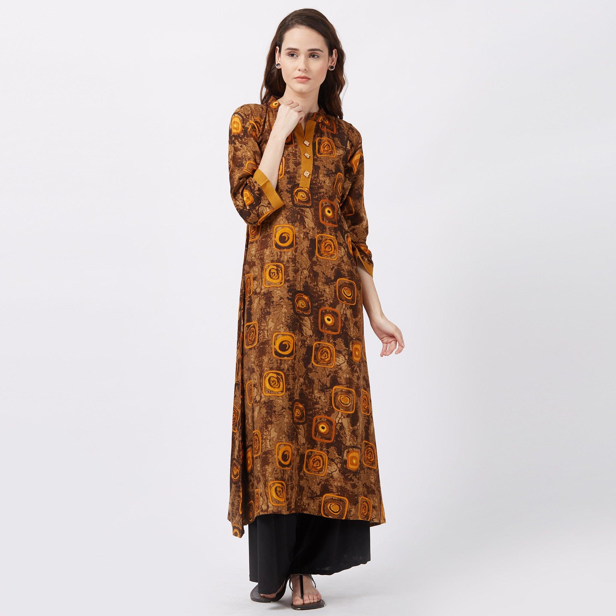 Brown Geometric Printed Rayon Kurti - Peachmode
