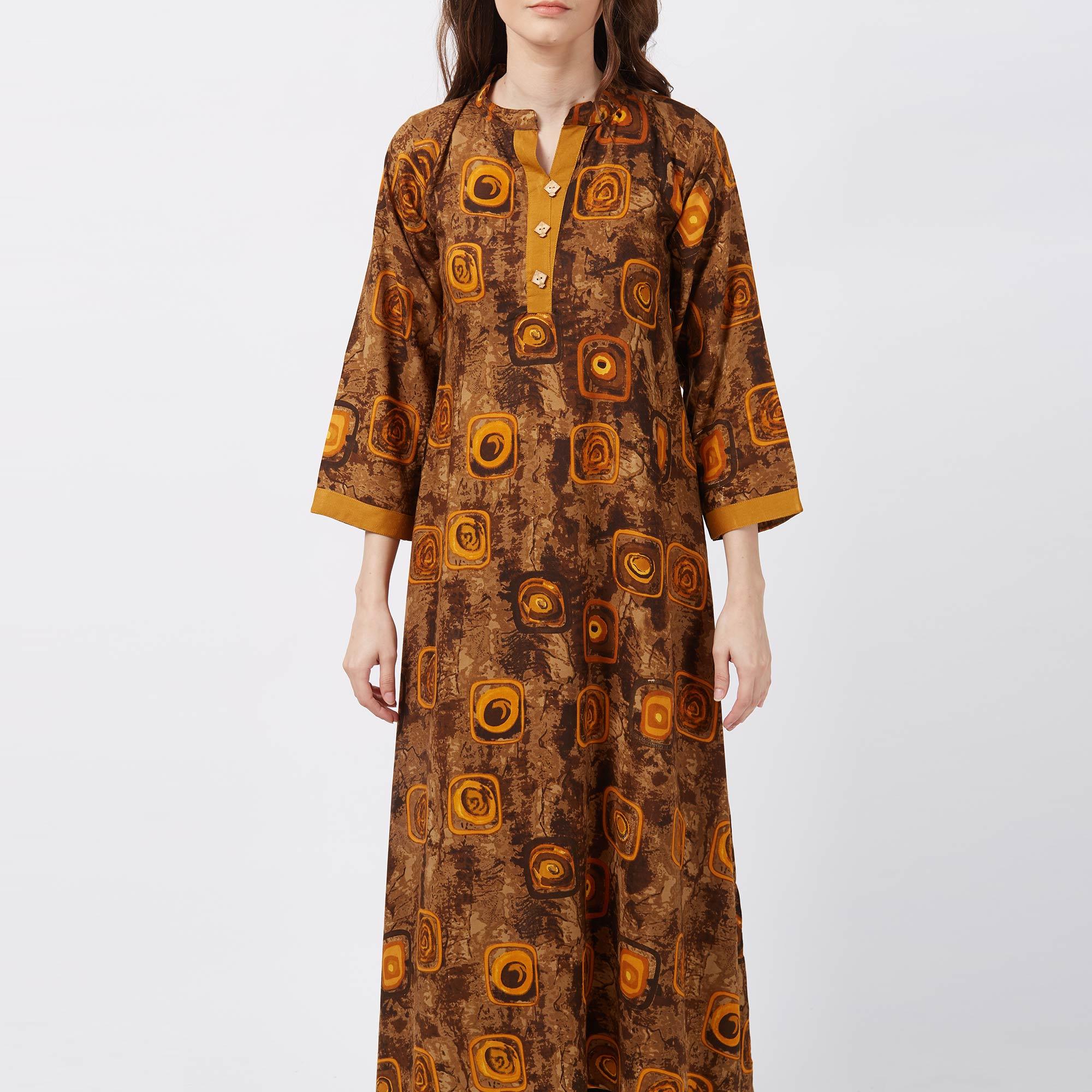 Brown Geometric Printed Rayon Kurti - Peachmode