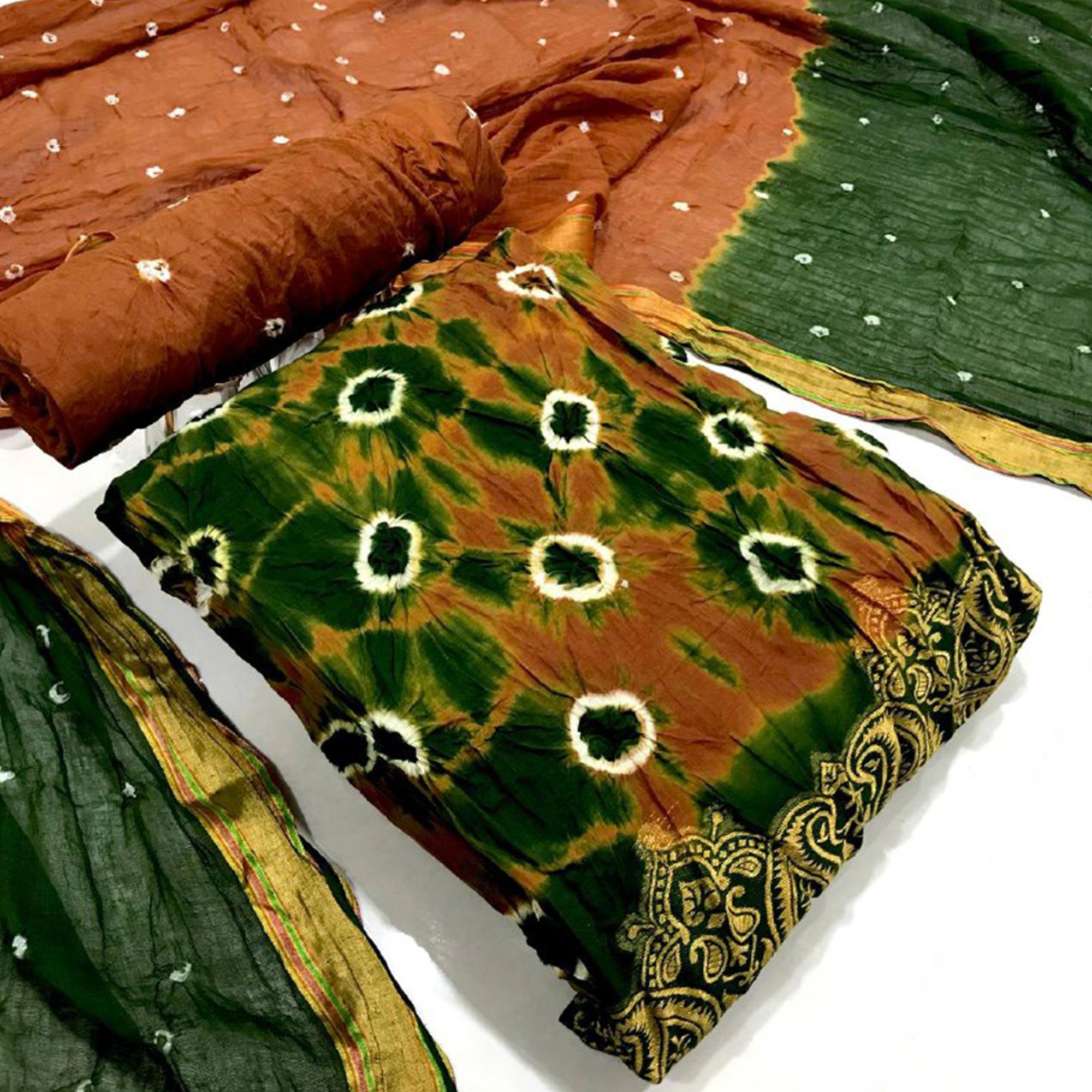 Brown-Green Bandhani Printed Pure Cotton Dress Material - Peachmode