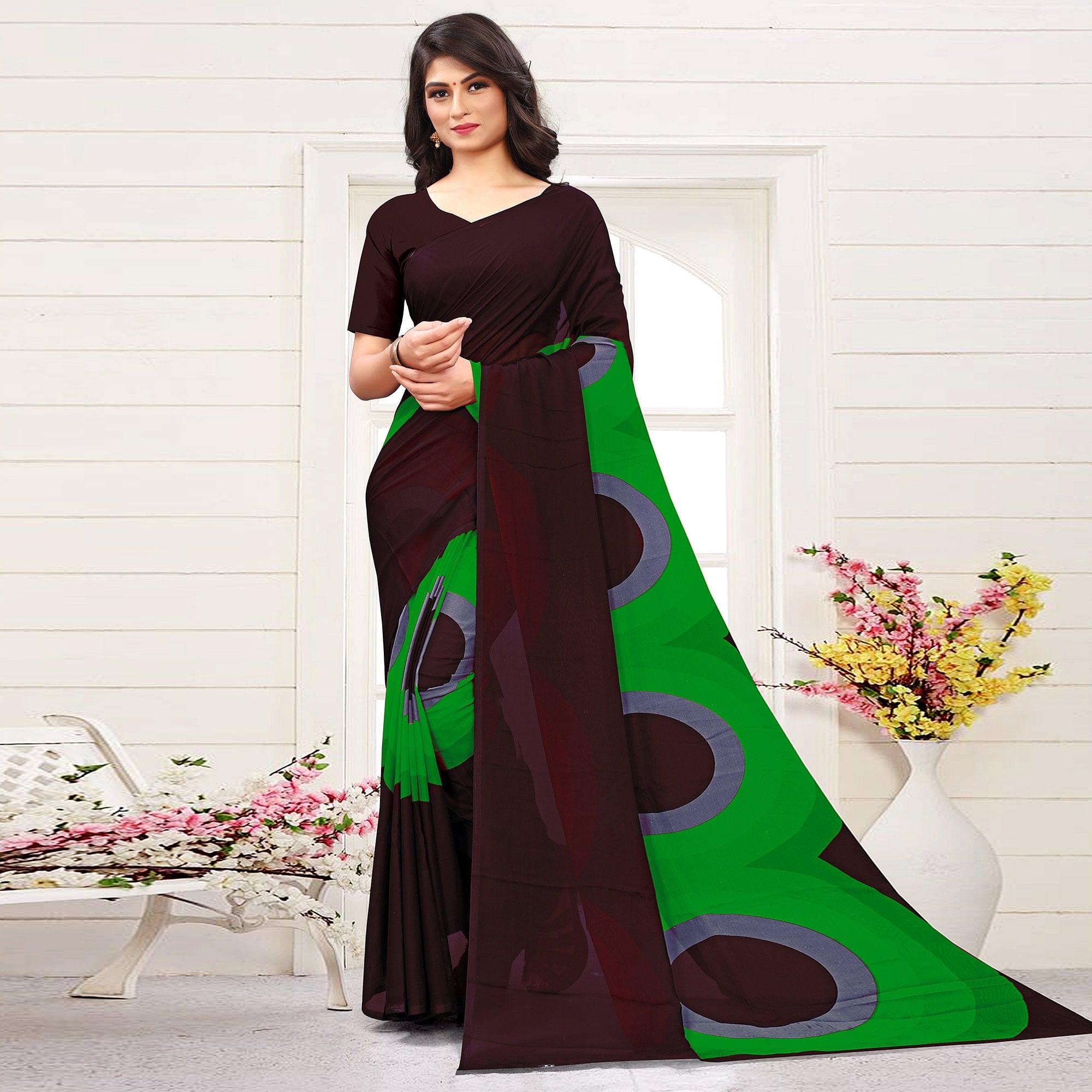 Brown-Green Casual Wear Printed Georgette Saree - Peachmode