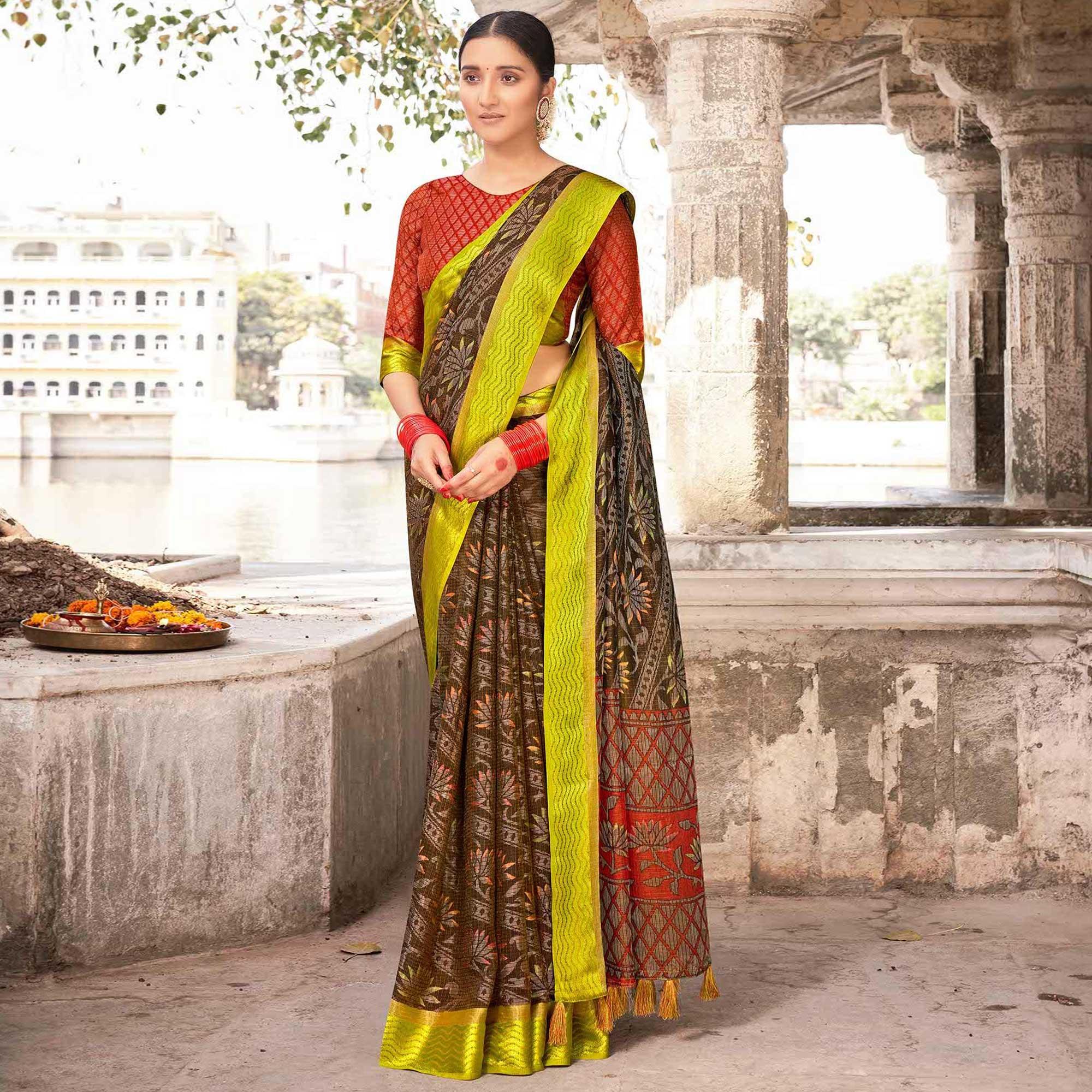 Brown - Green Festive Wear Printed Brasso Saree - Peachmode