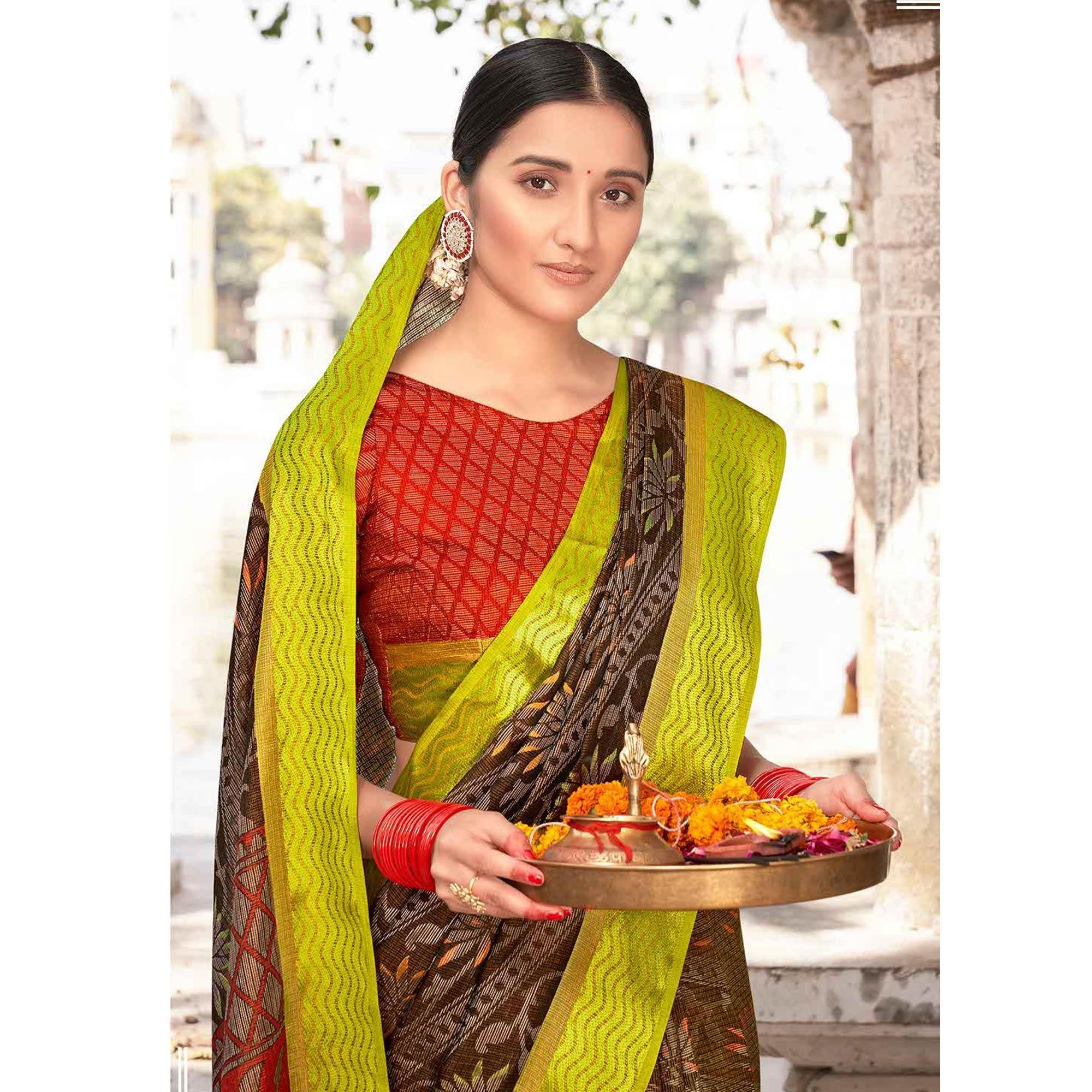 Brown - Green Festive Wear Printed Brasso Saree - Peachmode