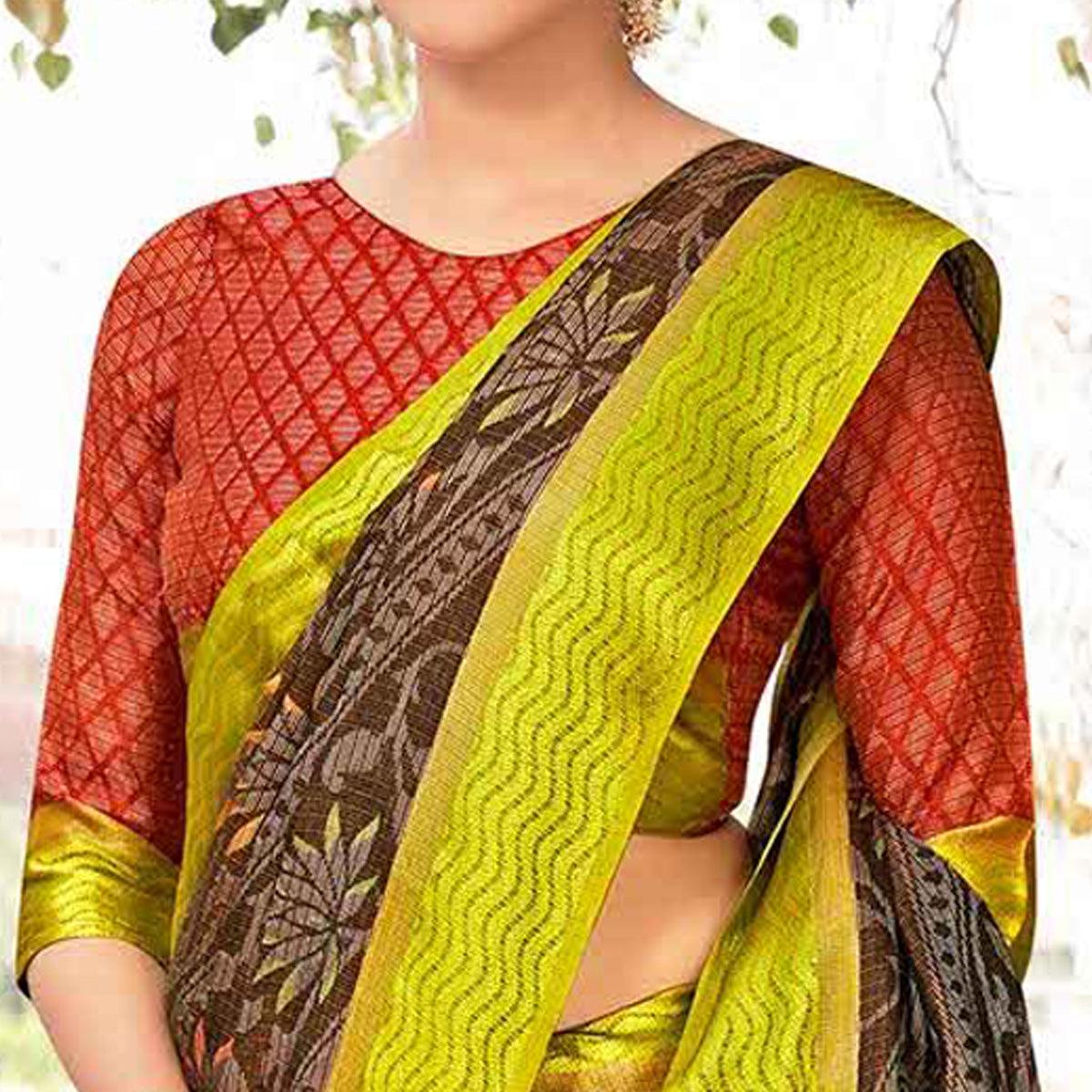 Brown - Green Festive Wear Printed Brasso Saree - Peachmode