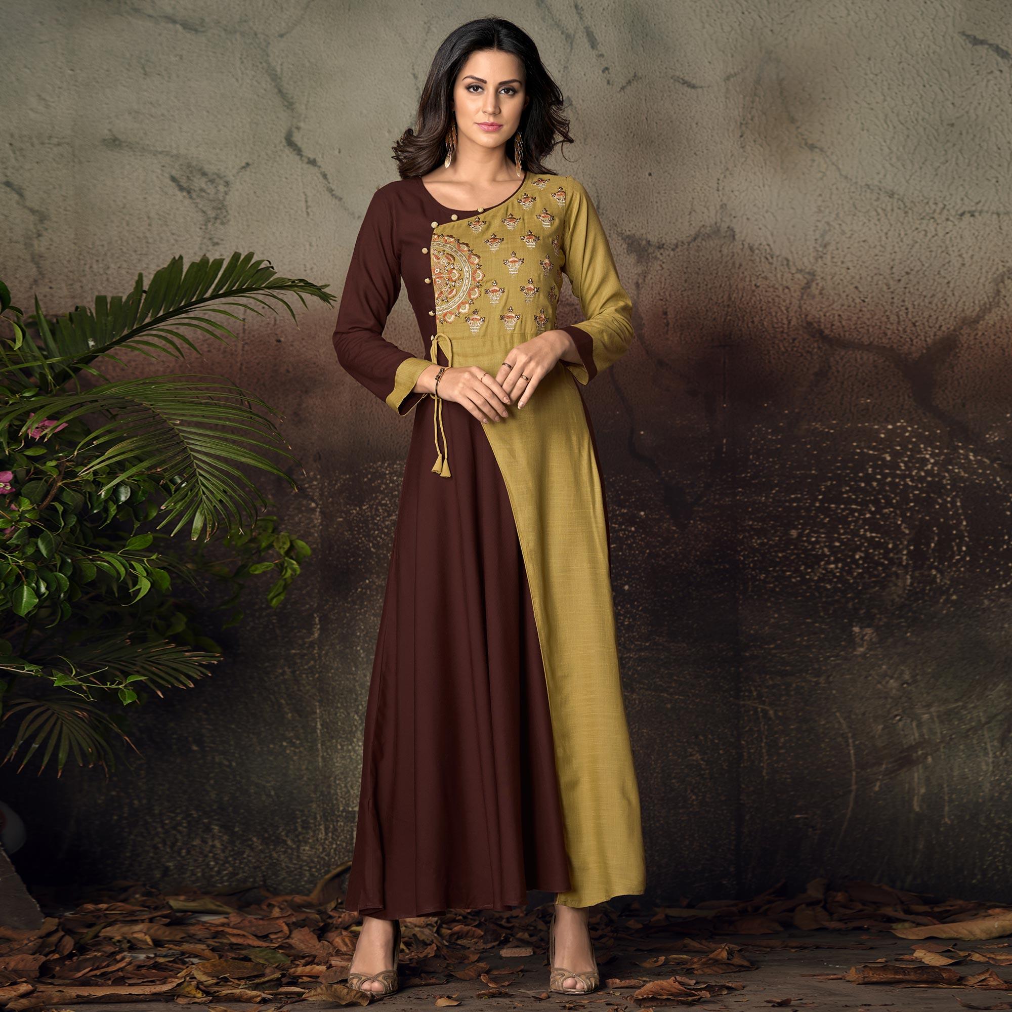 Brown-Green Floral Embroidered Rayon Kurti - Peachmode