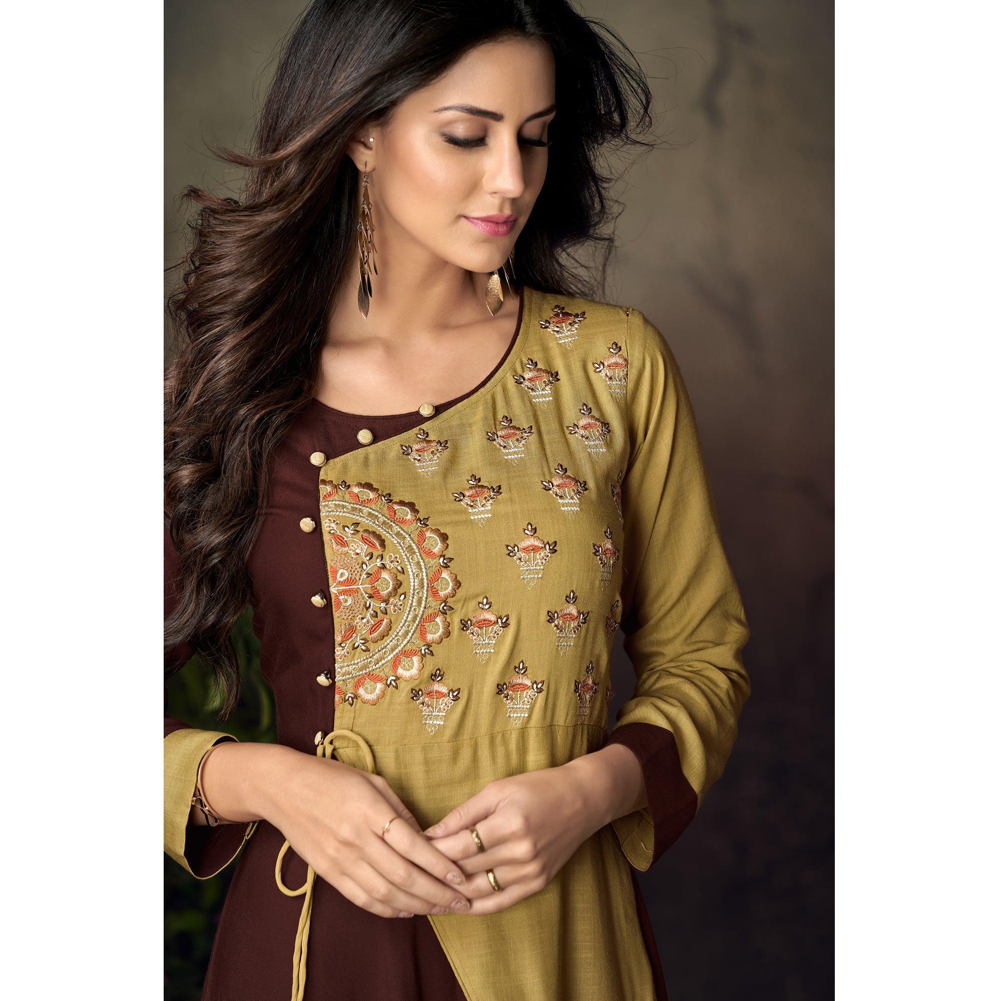 Brown-Green Floral Embroidered Rayon Kurti - Peachmode