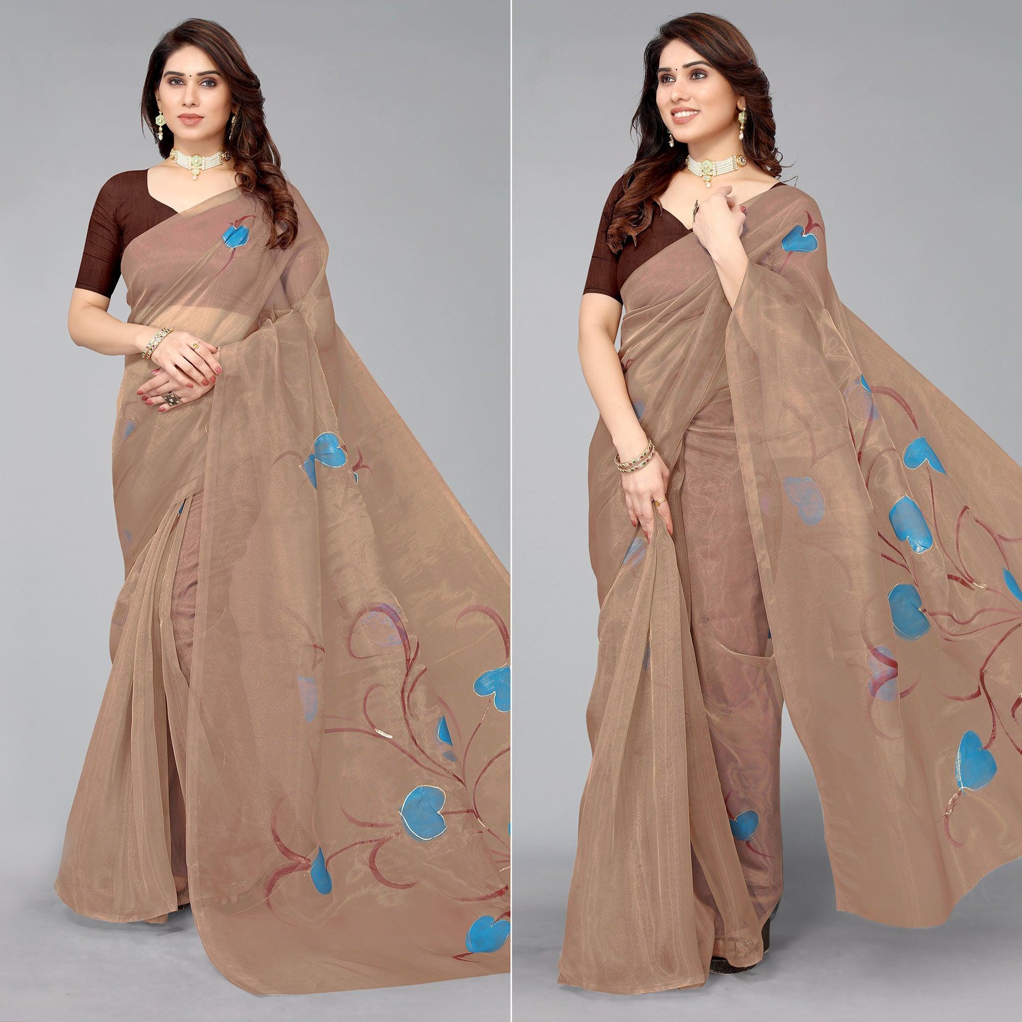 Brown Hand Printed Organza Saree - Peachmode