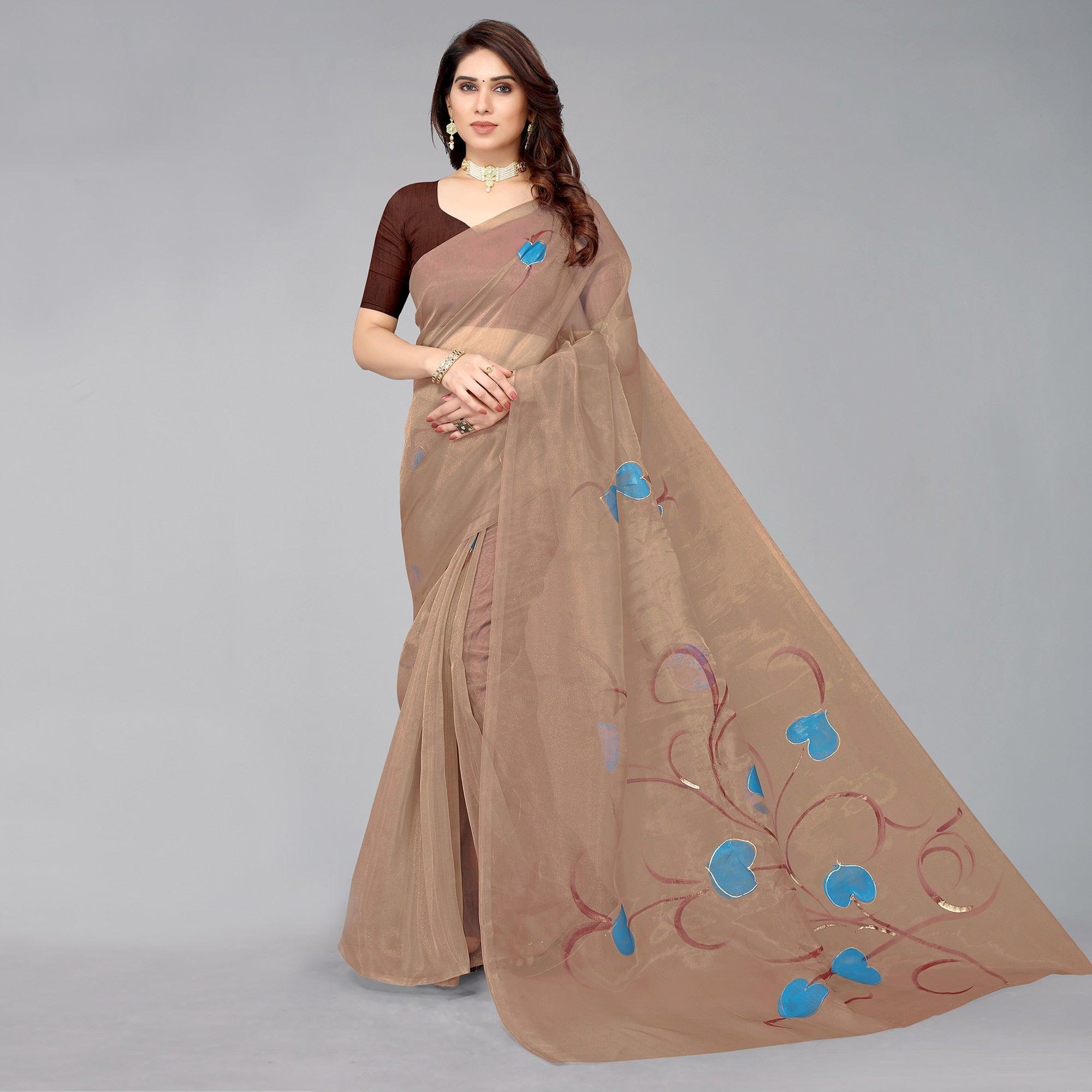 Brown Hand Printed Organza Saree - Peachmode