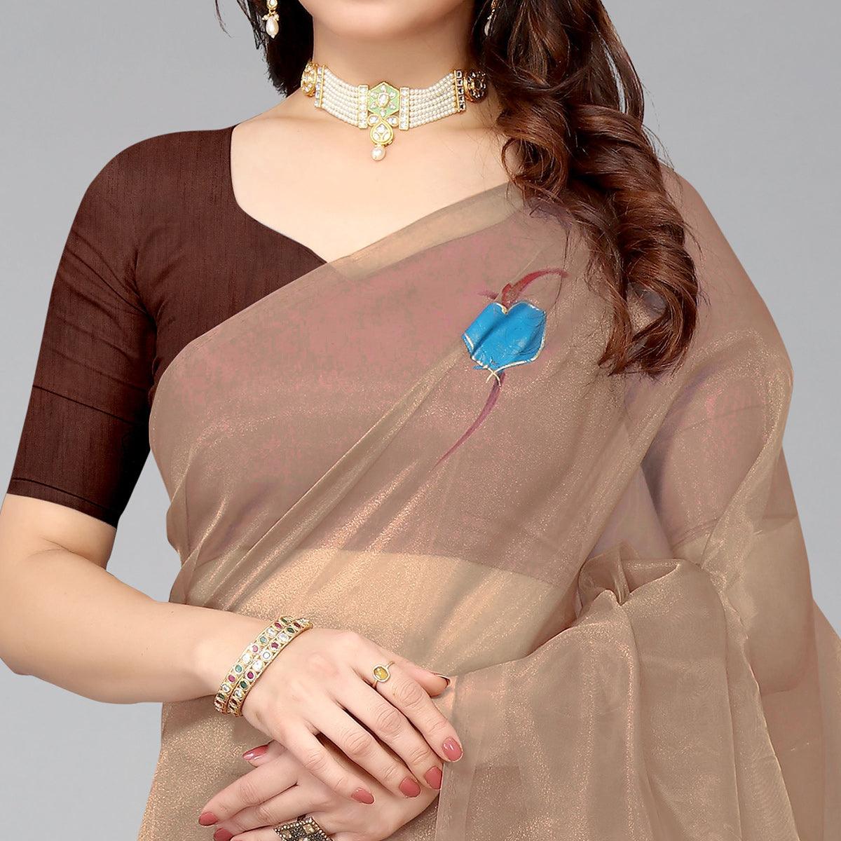 Brown Hand Printed Organza Saree - Peachmode