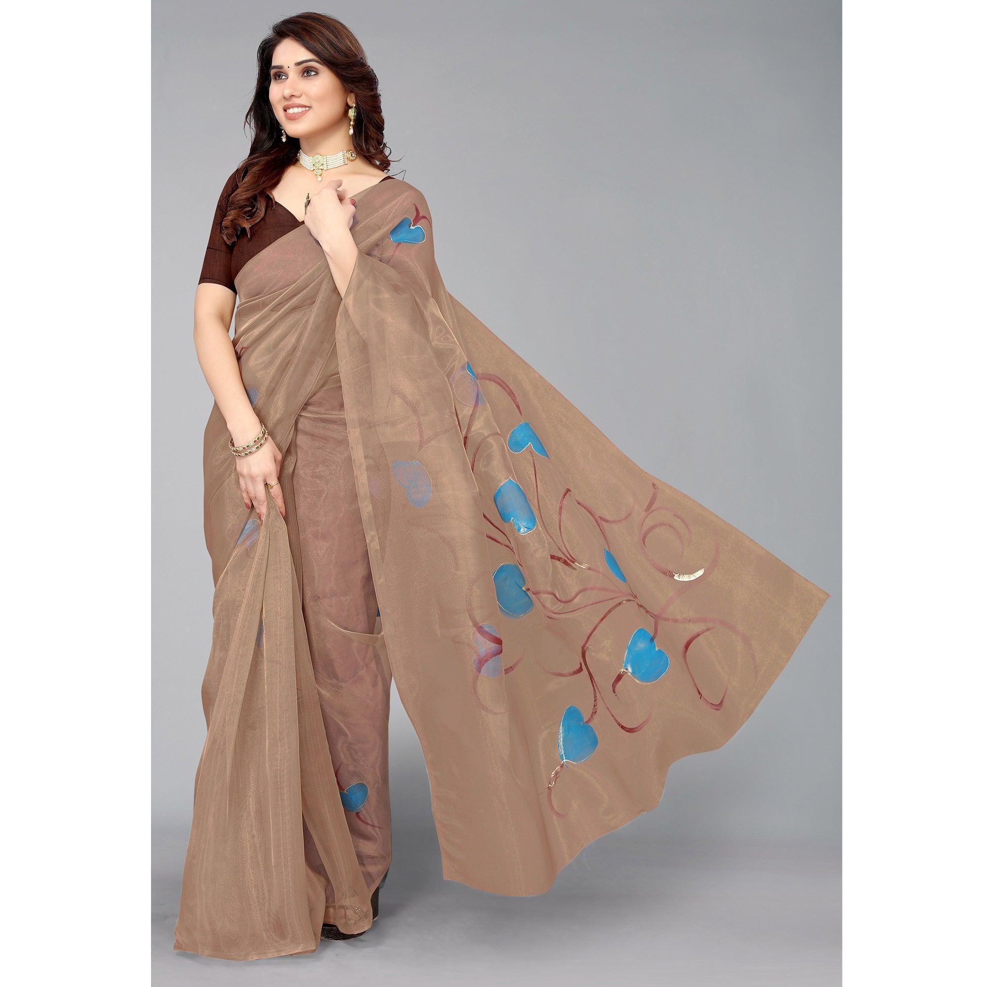 Brown Hand Printed Organza Saree - Peachmode