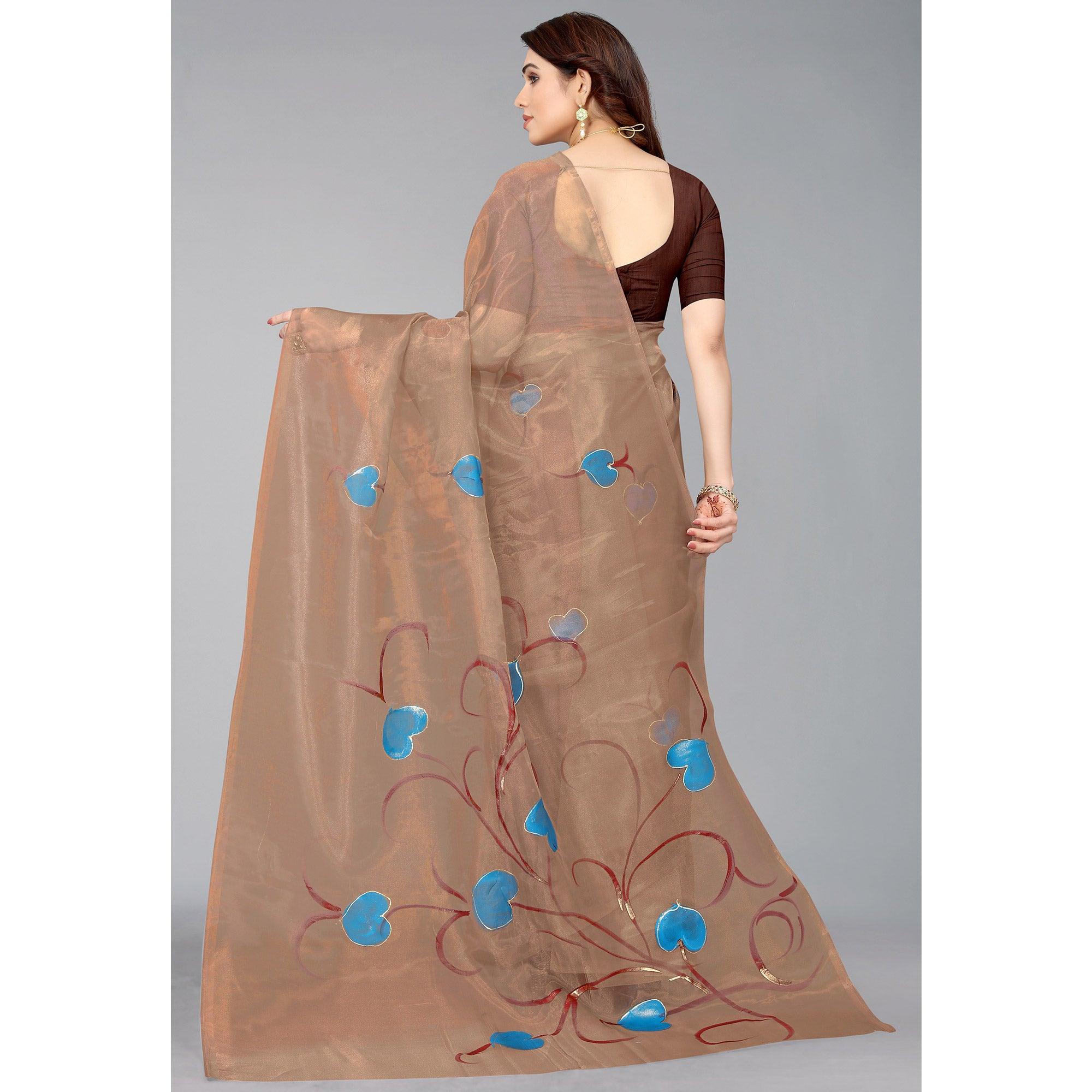 Brown Hand Printed Organza Saree - Peachmode