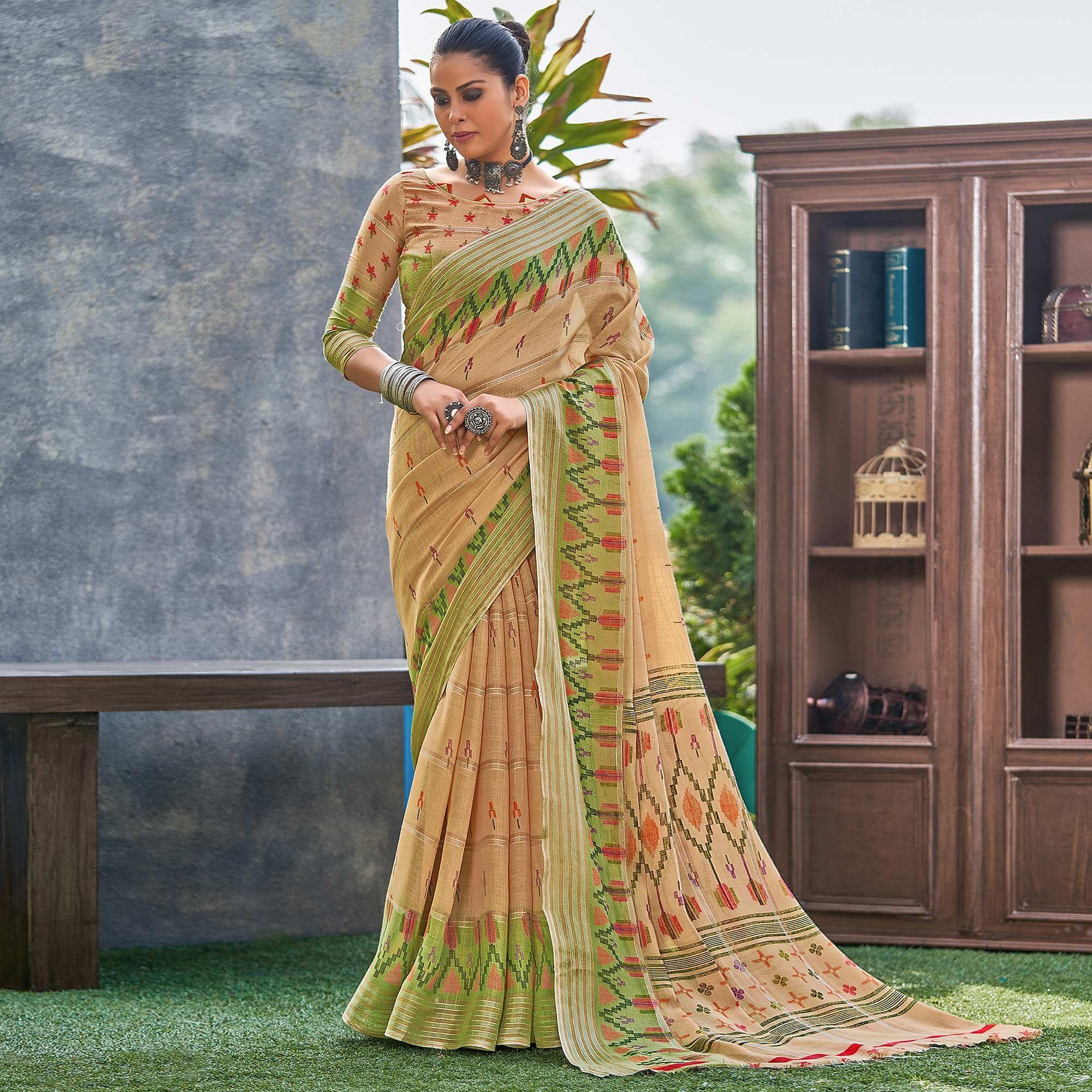 Brown Ikkat Printed Linen Saree - Peachmode