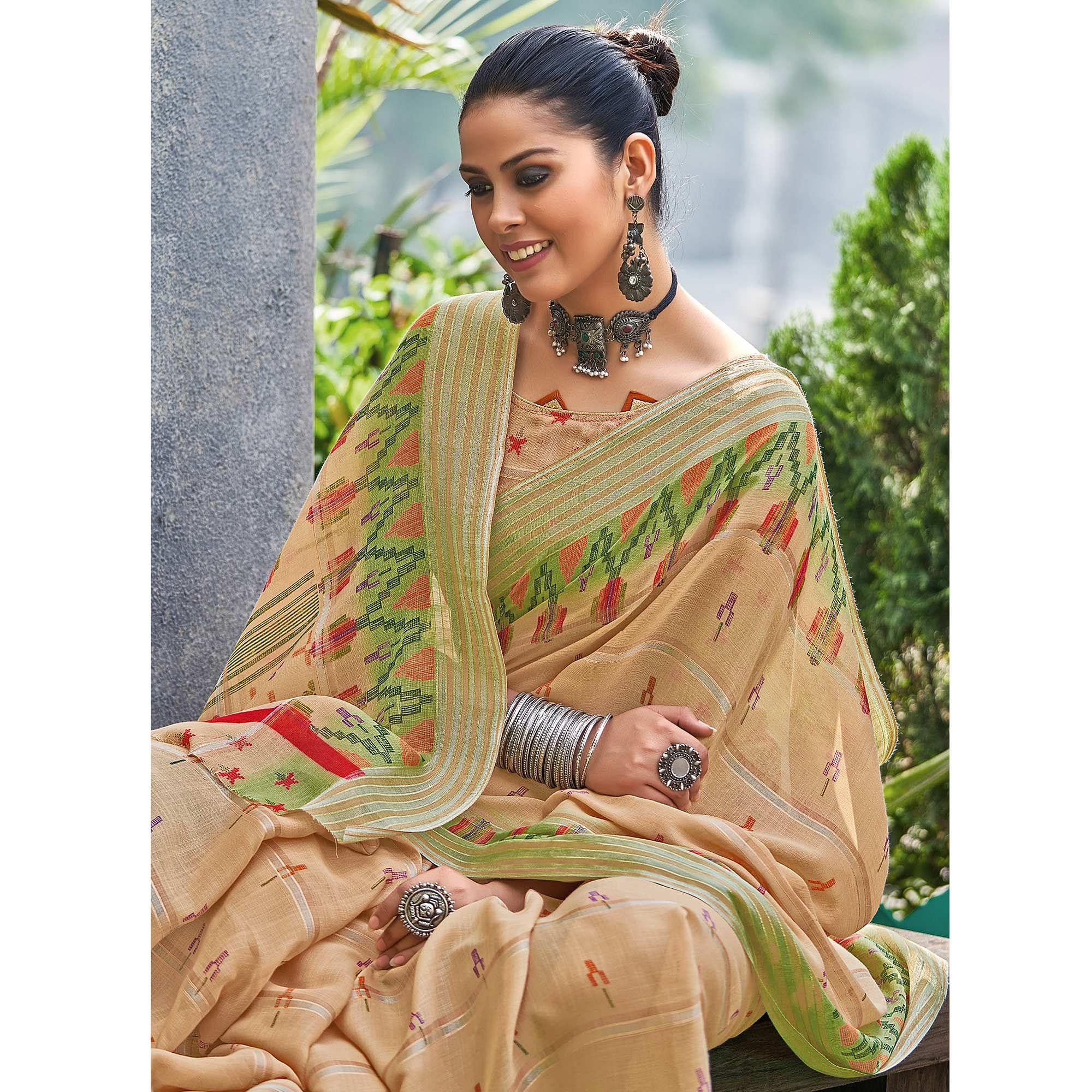 Brown Ikkat Printed Linen Saree - Peachmode