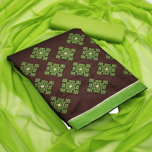 Brown - Light Green Embroidered Chanderi Dress Material - Peachmode