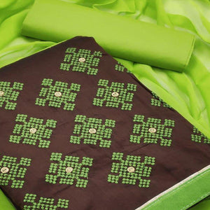 Brown - Light Green Embroidered Chanderi Dress Material - Peachmode