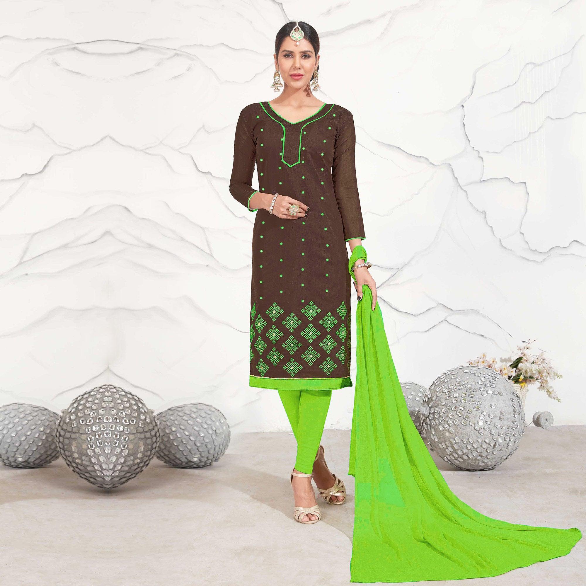 Brown - Light Green Embroidered Chanderi Dress Material - Peachmode