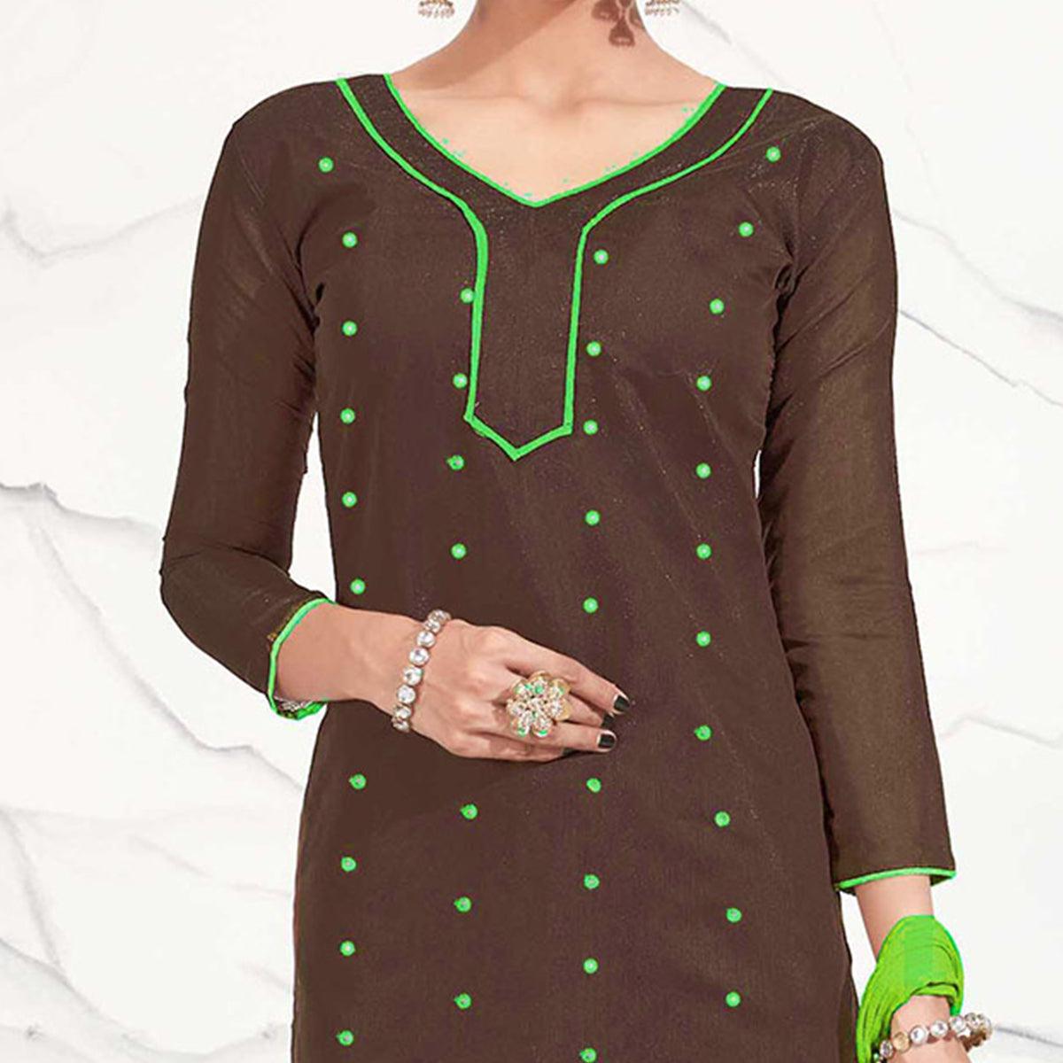 Brown - Light Green Embroidered Chanderi Dress Material - Peachmode