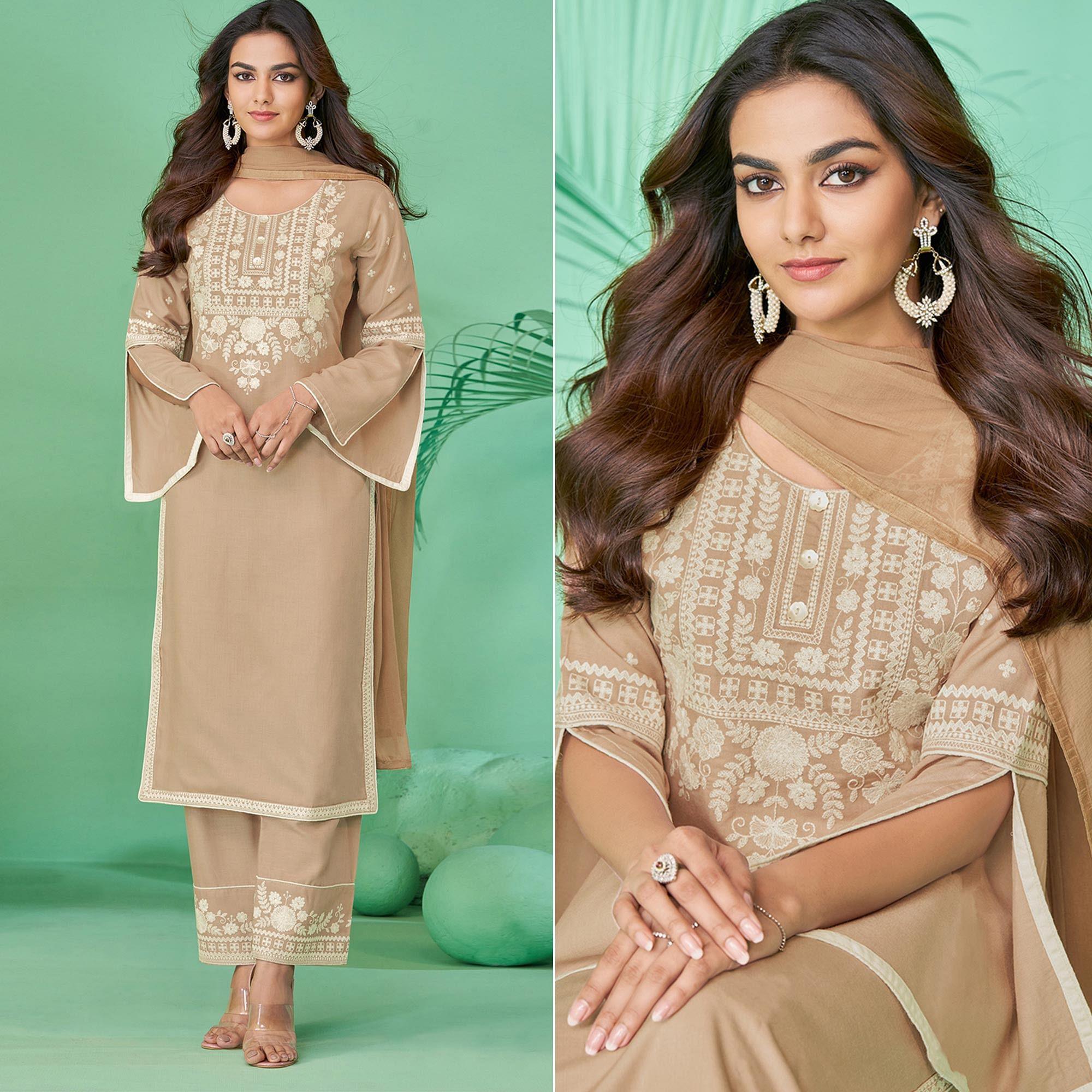 Brown Lucknowi Embroidered Rayon Kurti Pant Set With Dupatta - Peachmode