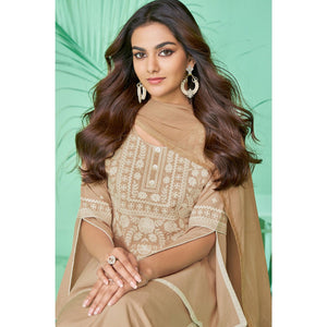 Brown Lucknowi Embroidered Rayon Kurti Pant Set With Dupatta - Peachmode