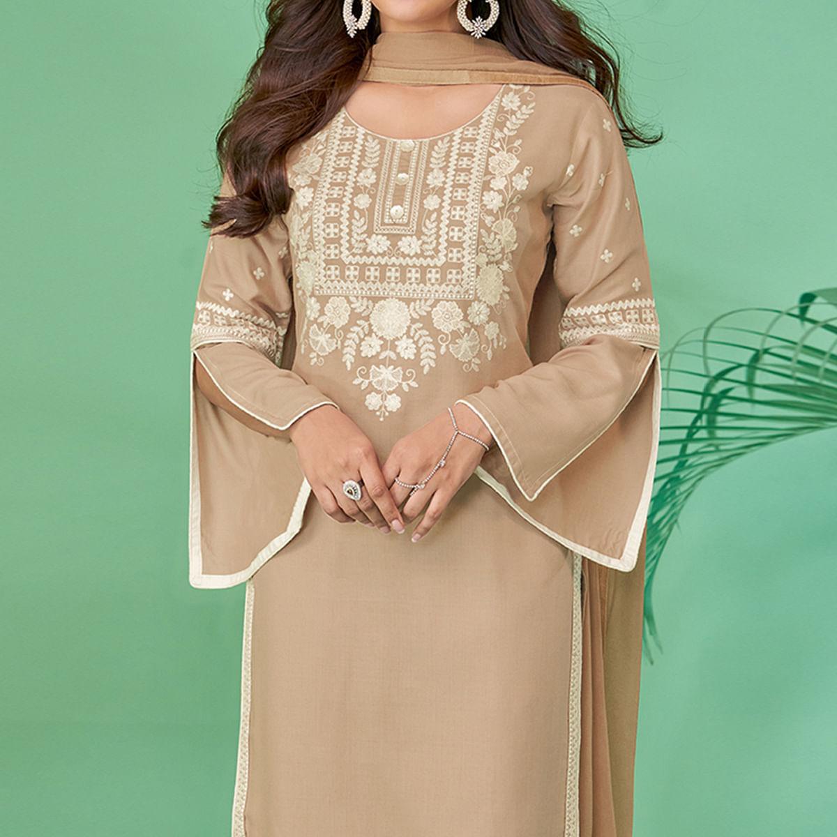 Brown Lucknowi Embroidered Rayon Kurti Pant Set With Dupatta - Peachmode