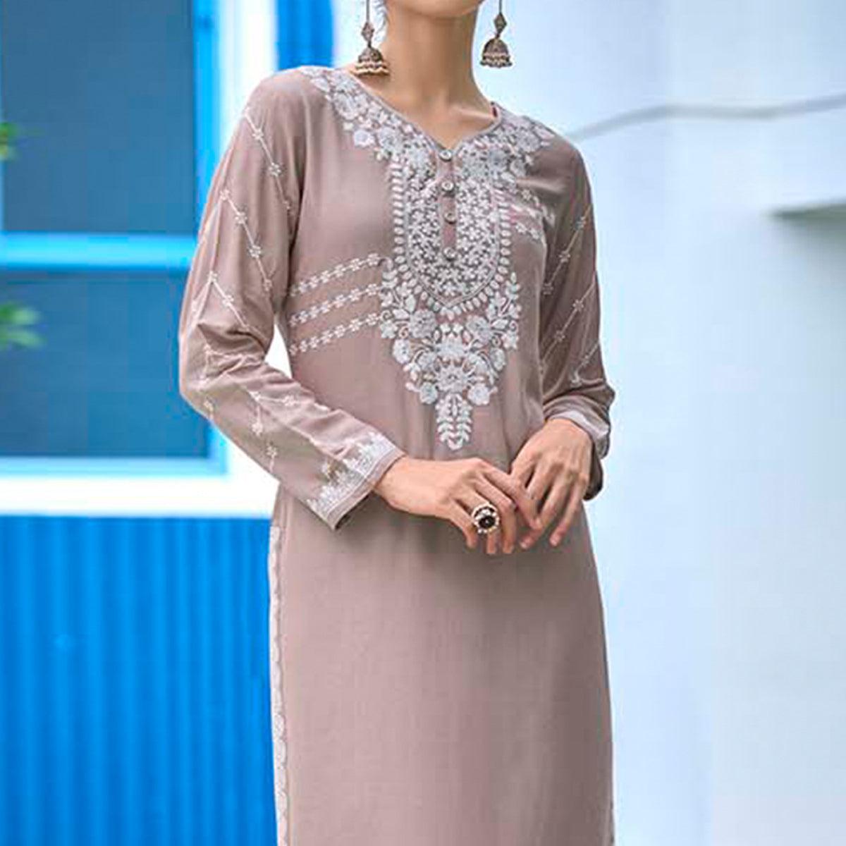 Brown Lucknowi Embroidered Rayon Kurti - Peachmode