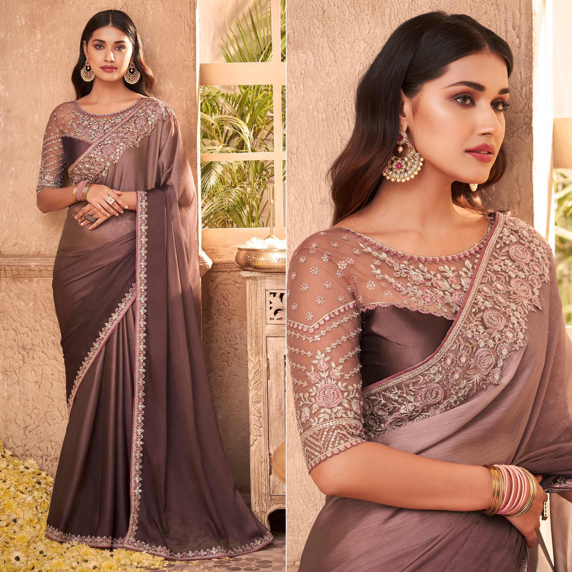Brown Nude Partywear Embroidered Silk Saree - Peachmode