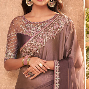 Brown Nude Partywear Embroidered Silk Saree - Peachmode