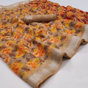 Brown-Orange Printed Linen Saree - Peachmode