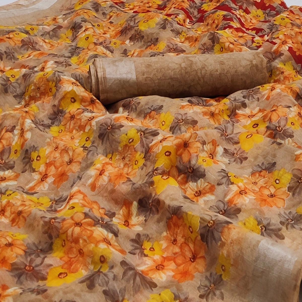 Brown-Orange Printed Linen Saree - Peachmode