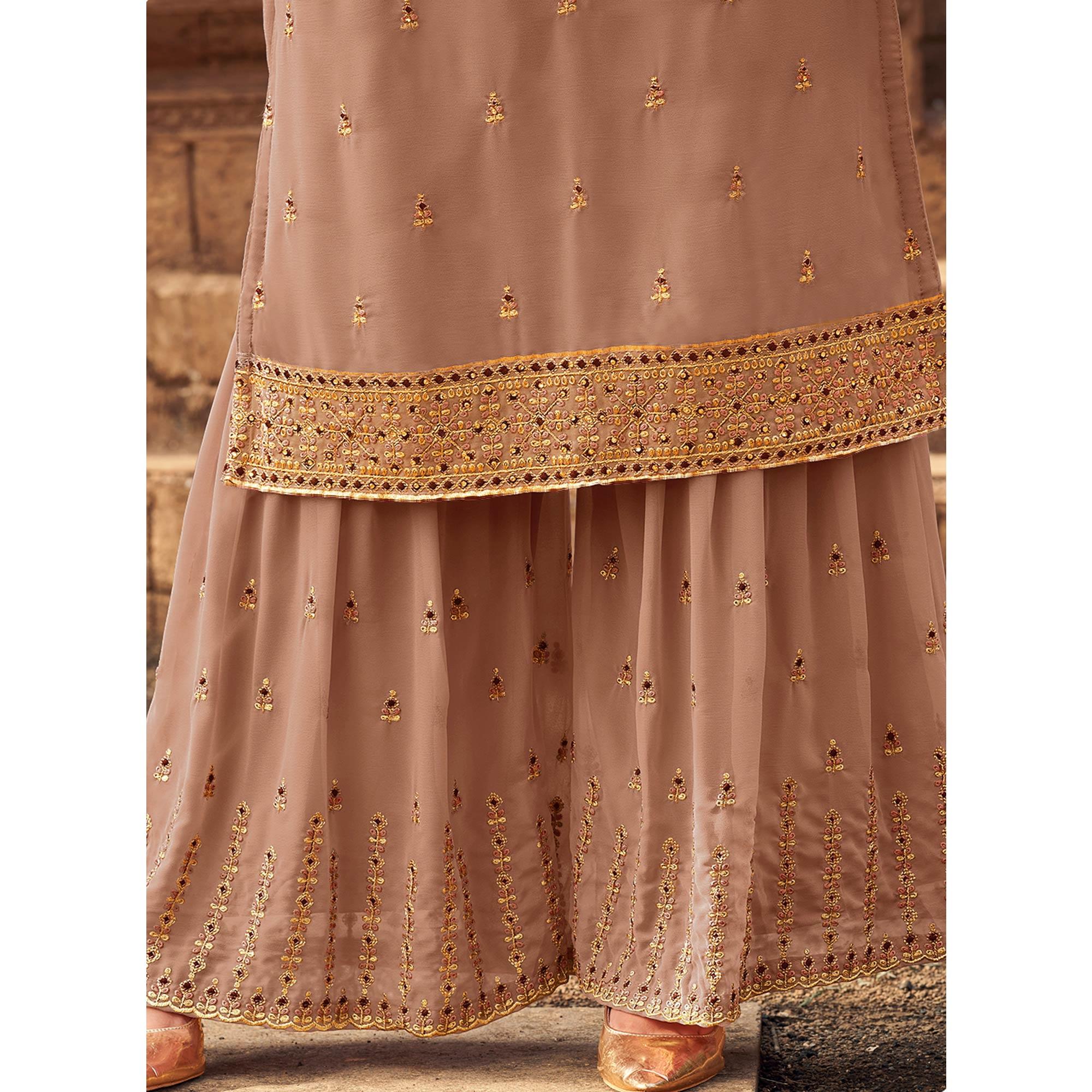 Brown Party Wear Embroidered & Embellished Georgette Palazzo Suit - Peachmode