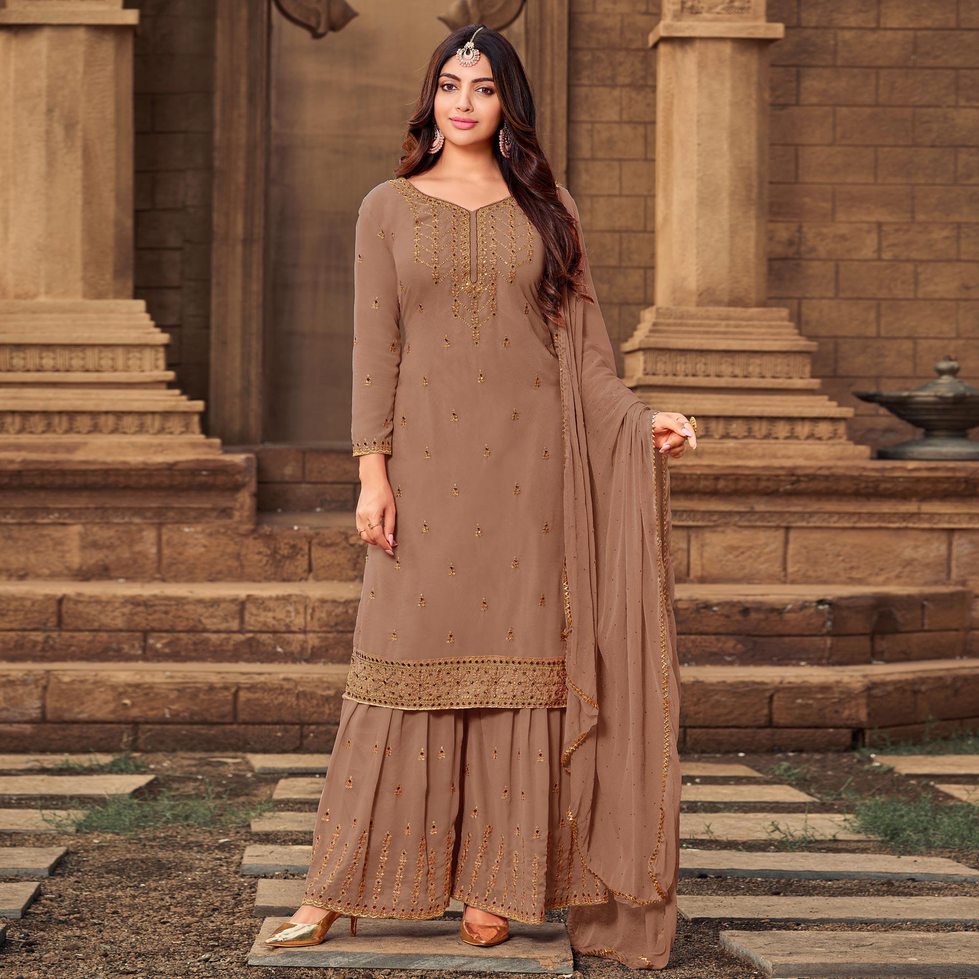 Brown Party Wear Embroidered & Embellished Georgette Palazzo Suit - Peachmode