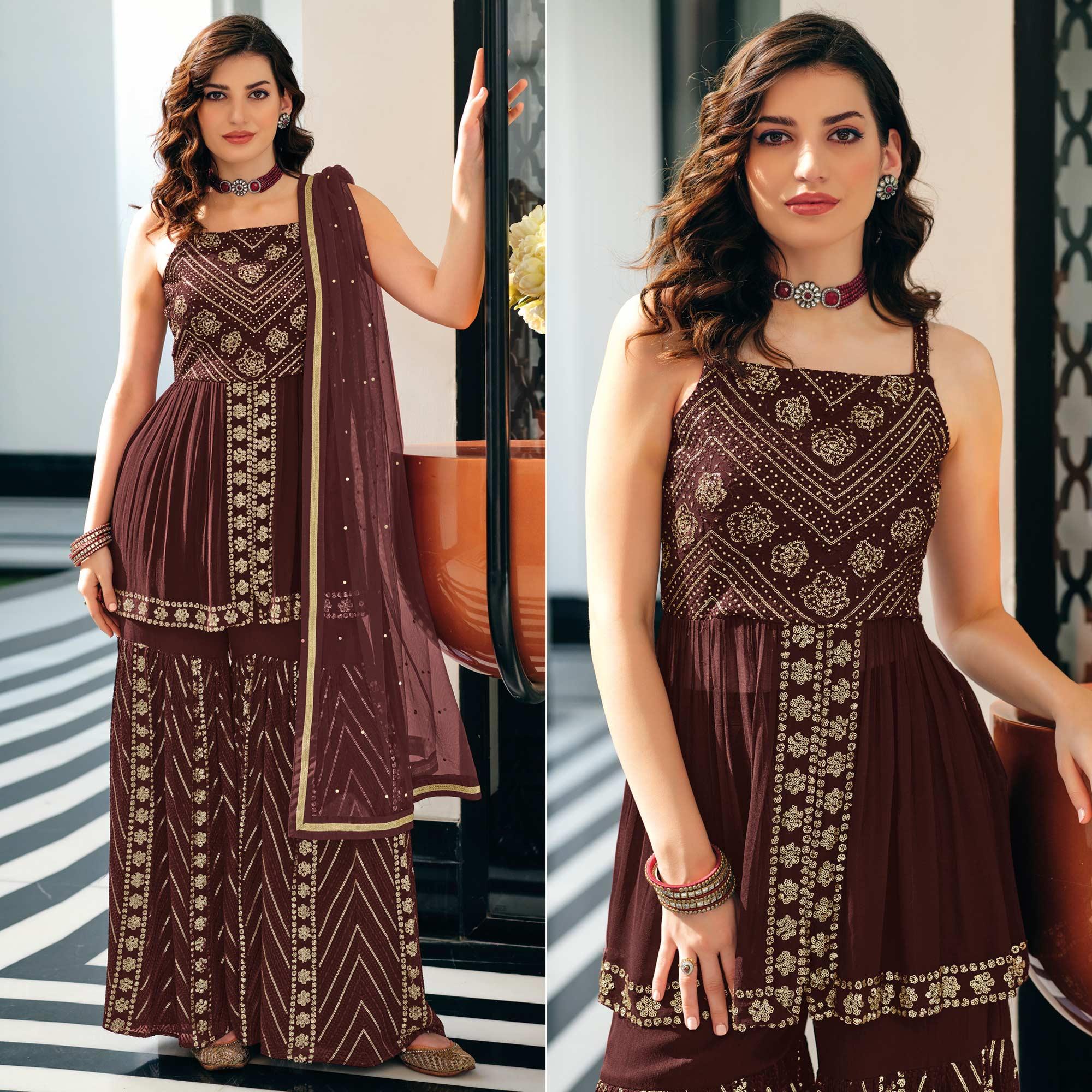 Brown Party Wear Embroidered Georgette Sharara Suit - Peachmode