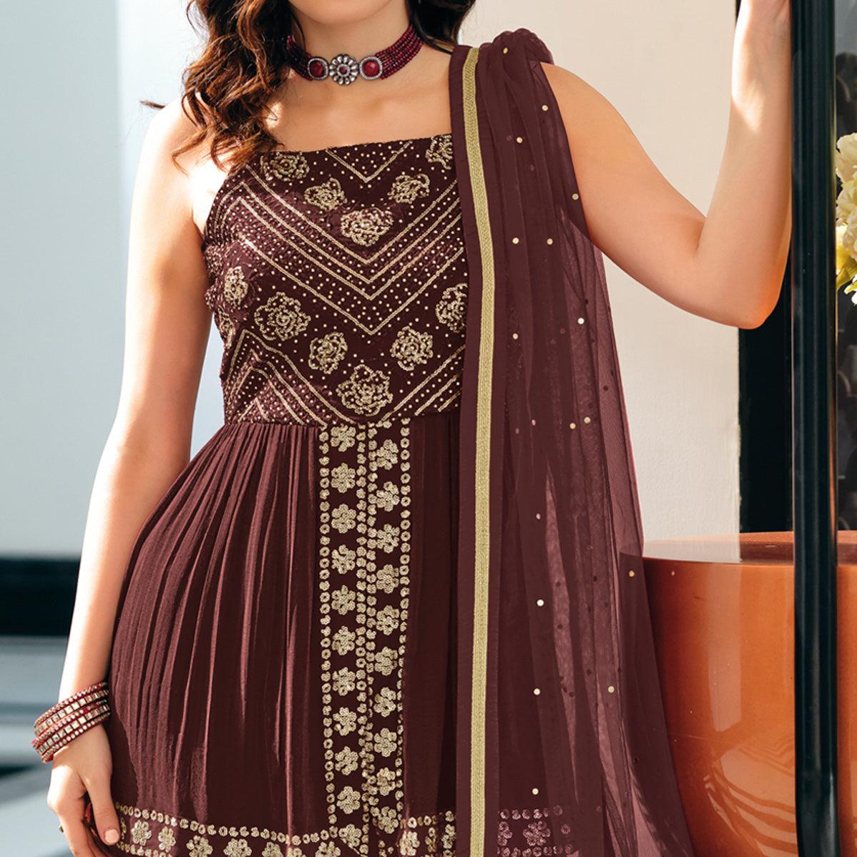 Brown Party Wear Embroidered Georgette Sharara Suit - Peachmode