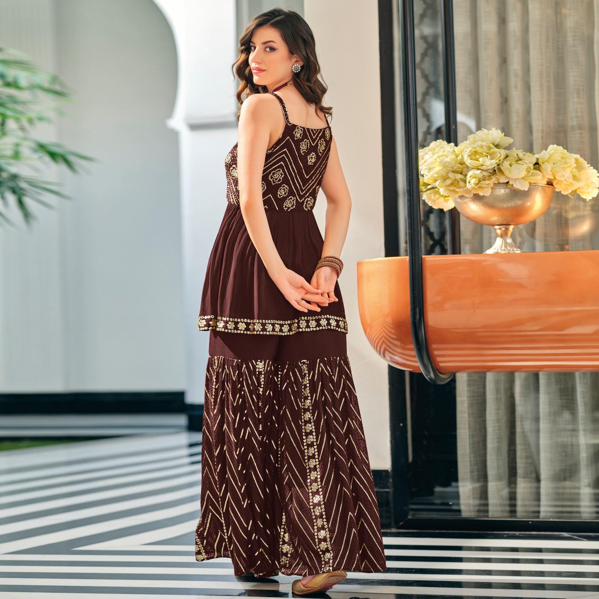 Brown Party Wear Embroidered Georgette Sharara Suit - Peachmode