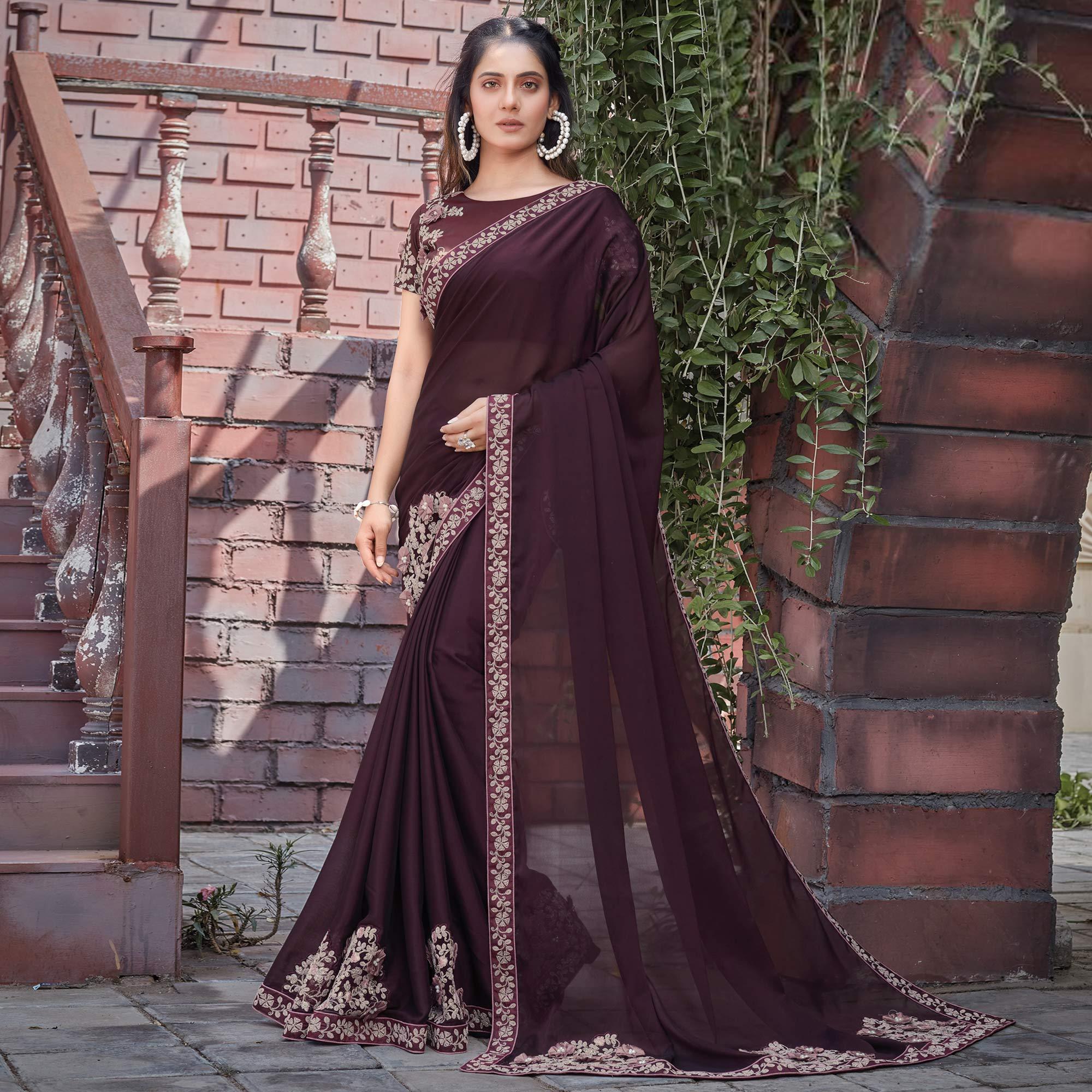 Brown Party Wear Embroidered Silk Georgette Saree - Peachmode