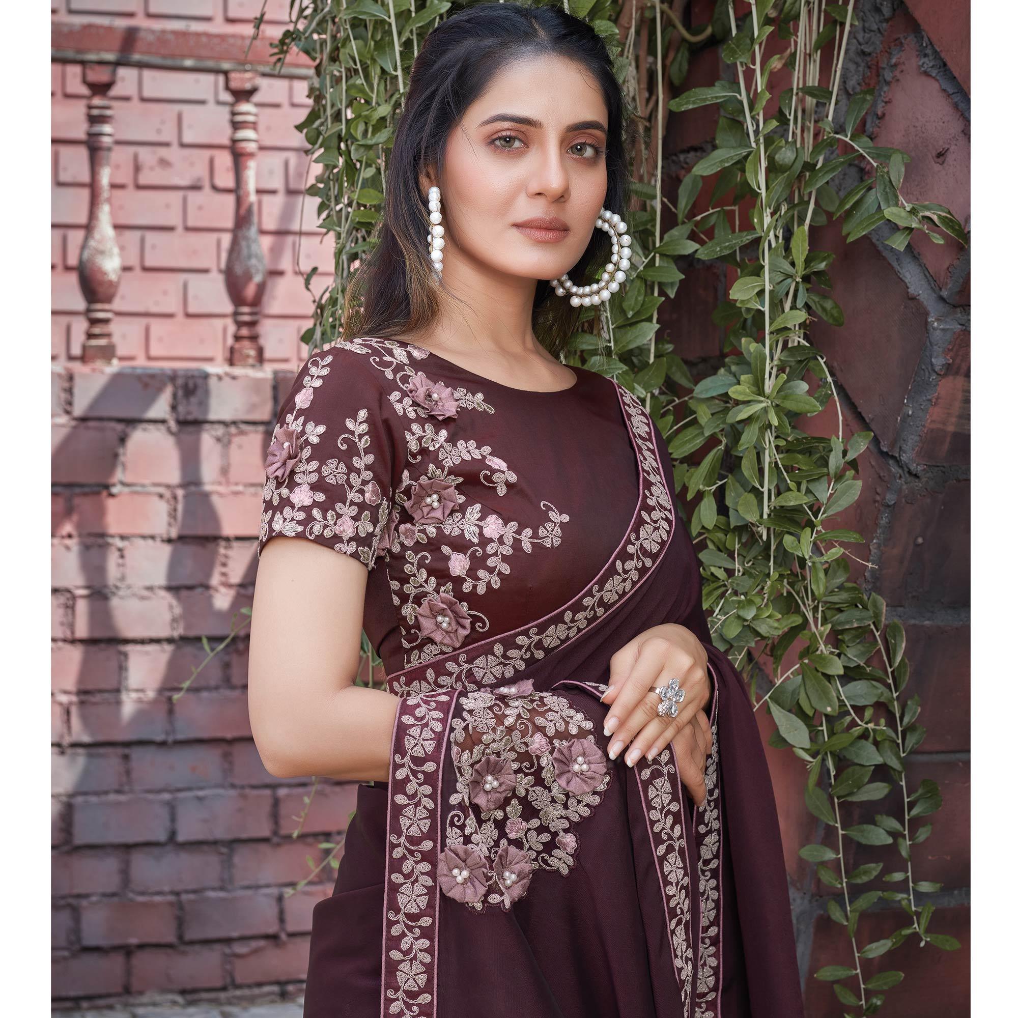 Brown Party Wear Embroidered Silk Georgette Saree - Peachmode