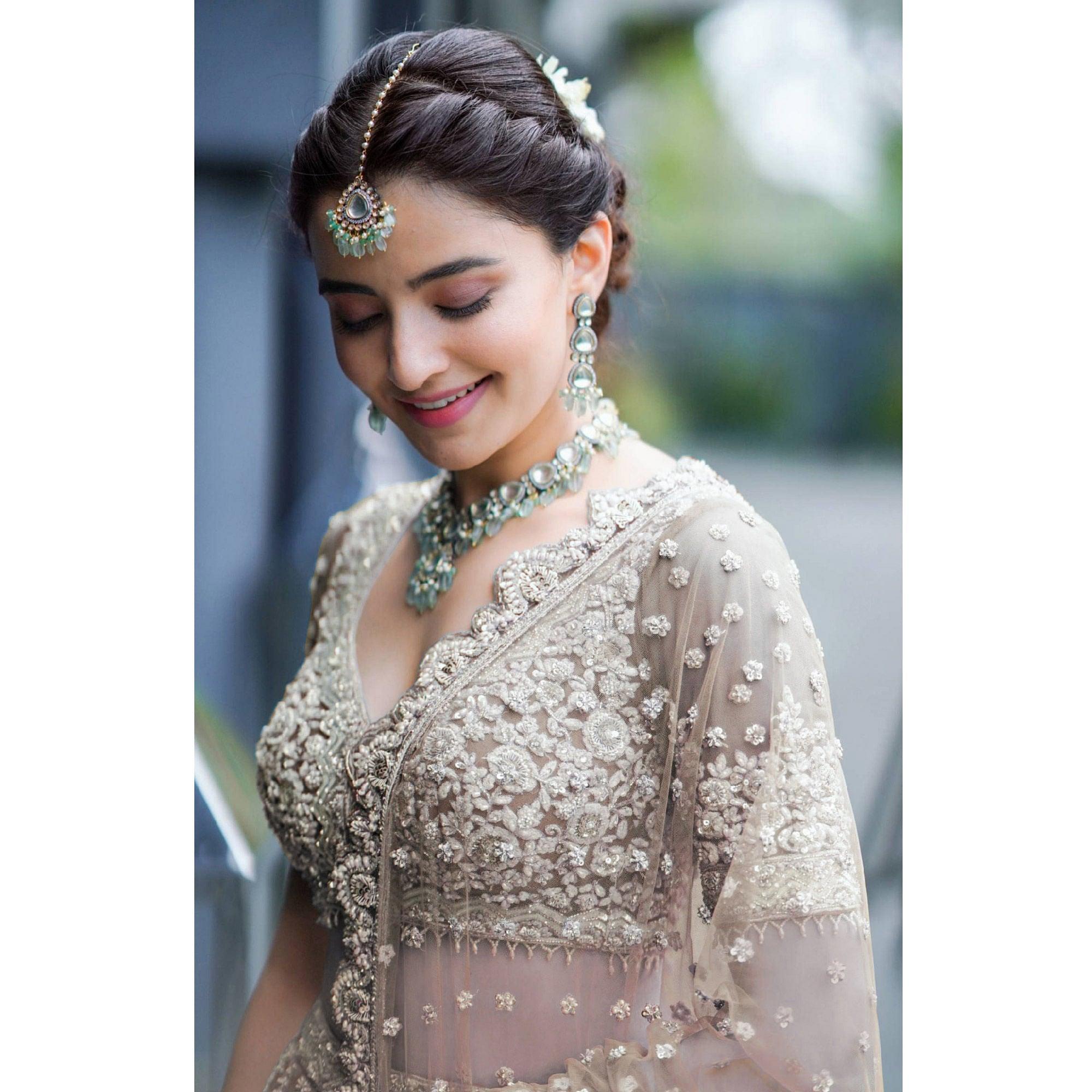 Brown Party Wear Heavy Embroidered Netted Lehenga Choli - Peachmode