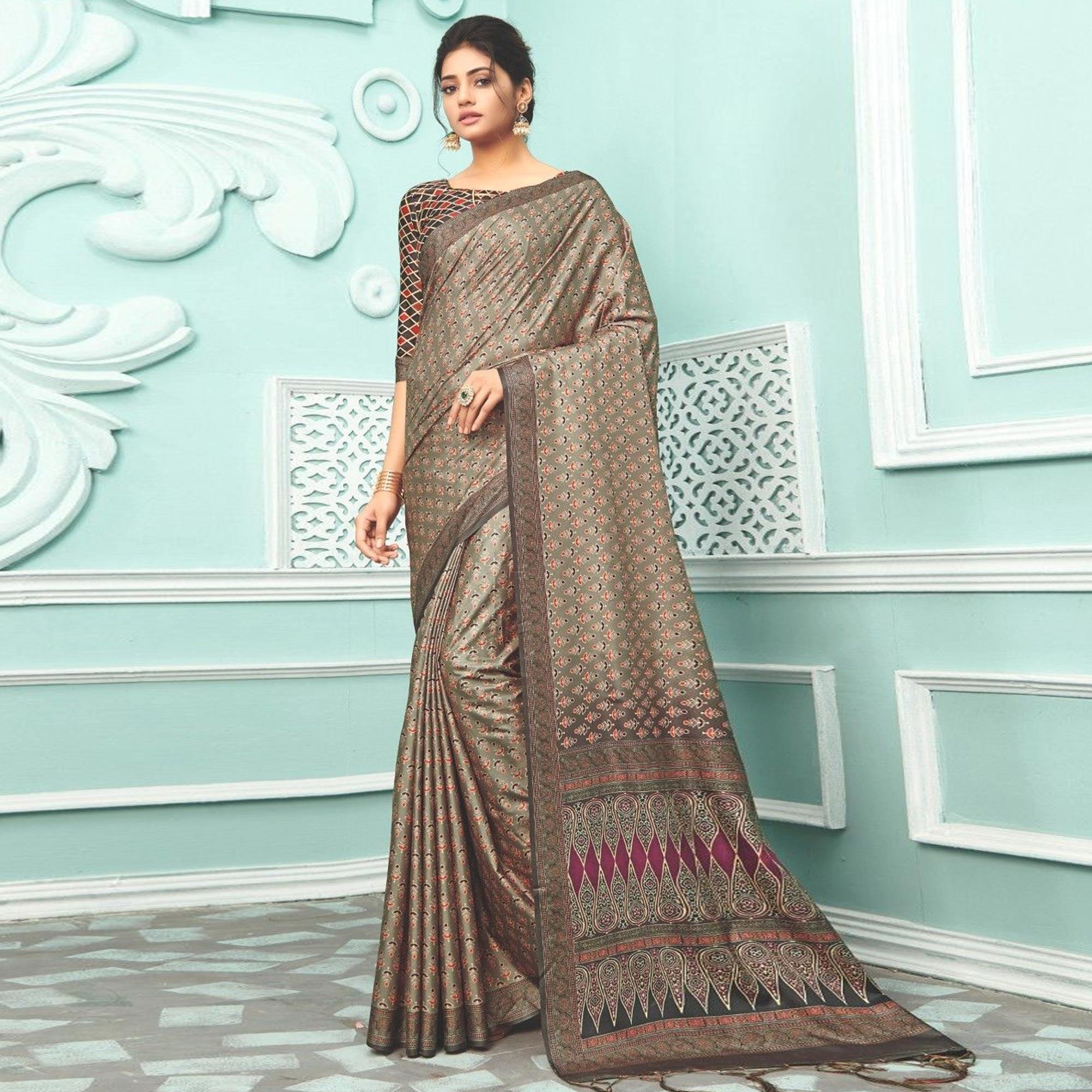 Brown Party Wear Satin Printed Saree With Unstitched Blouse - Peachmode