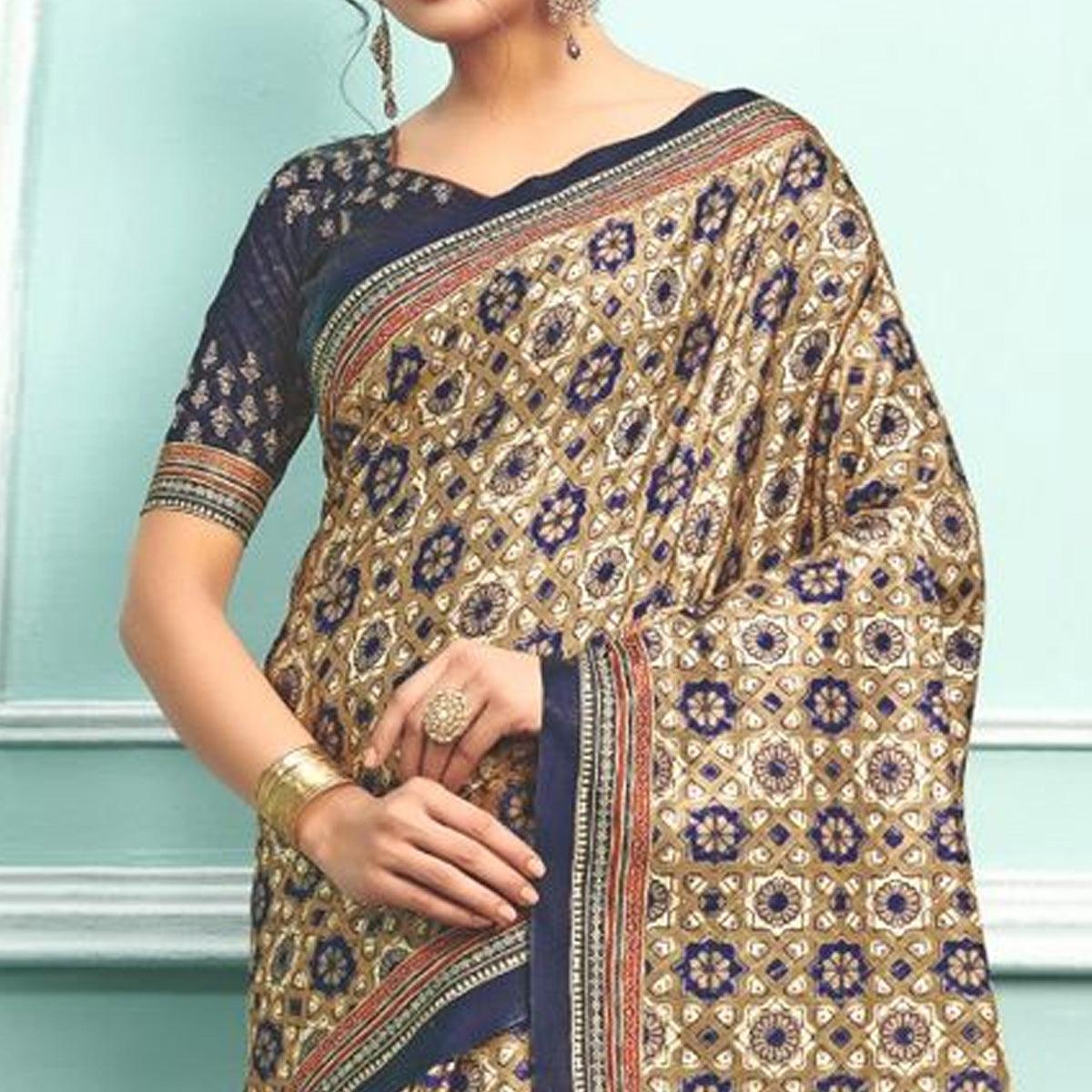 Brown Party Wear Satin Printed Saree With Unstitched Blouse - Peachmode