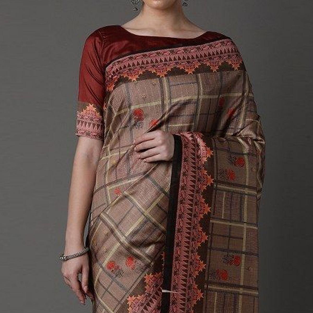 Brown Party Wear Satin Printed Saree With Unstitched Blouse - Peachmode