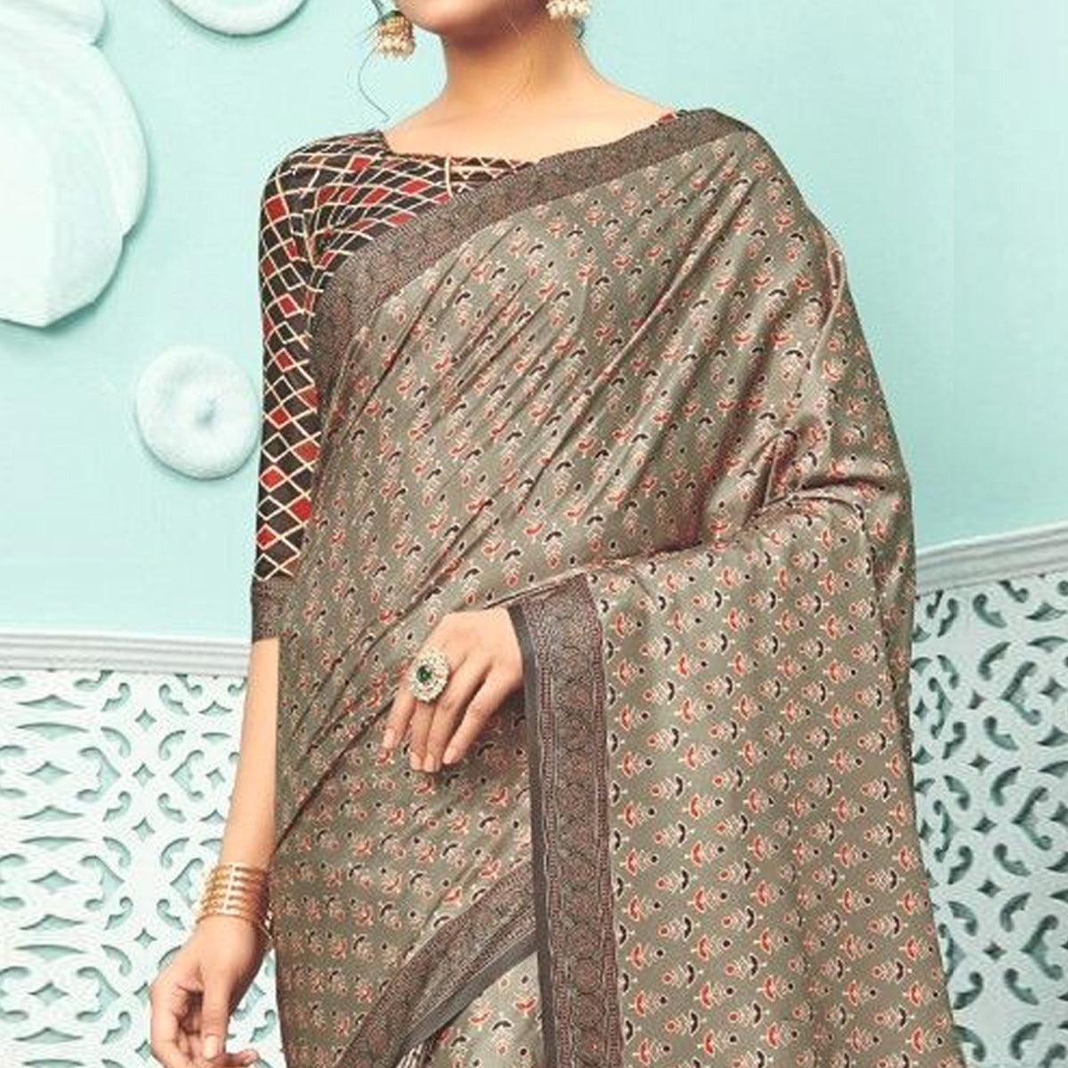 Brown Party Wear Satin Printed Saree With Unstitched Blouse - Peachmode