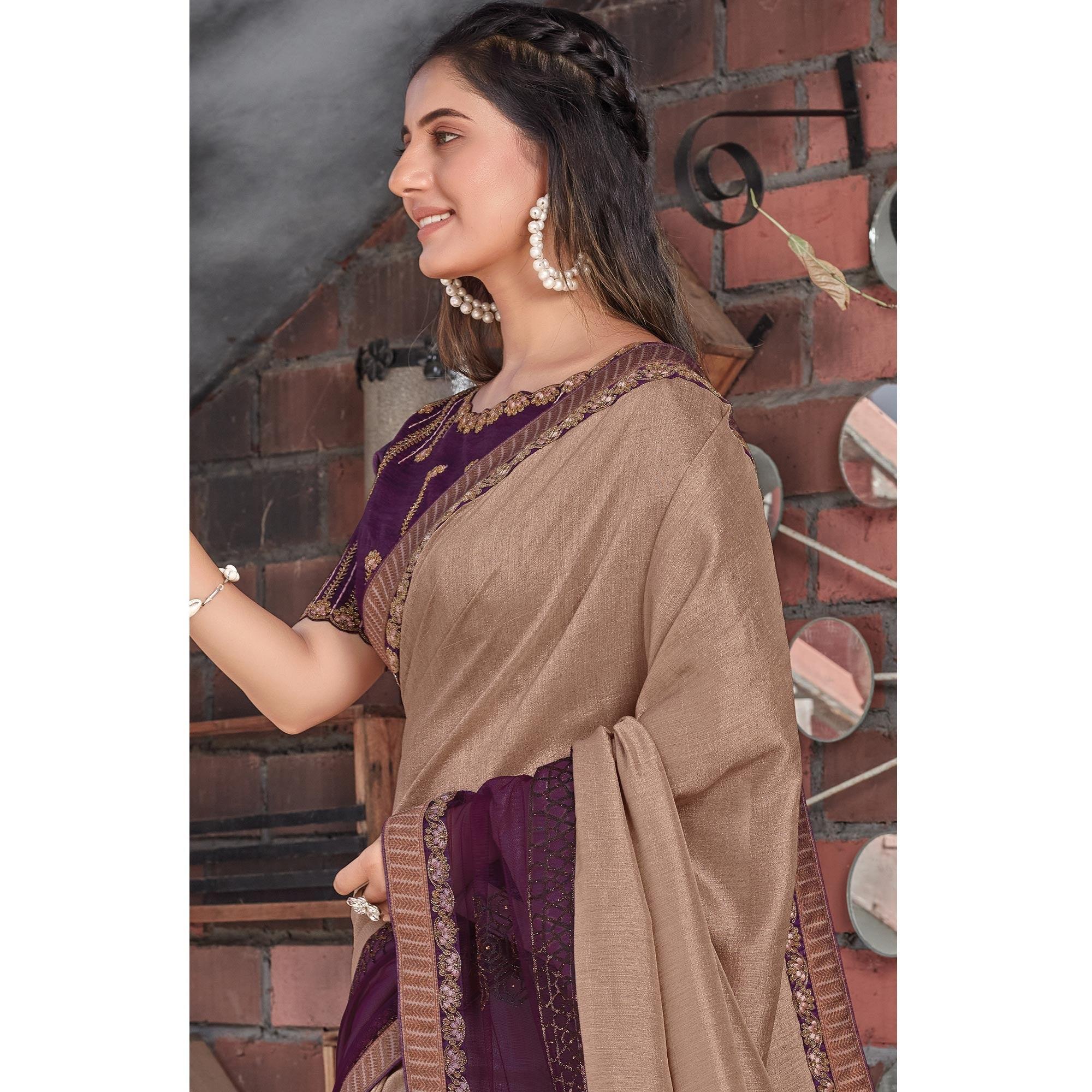 Brown Party Wear Sequence Tussar Silk Saree - Peachmode