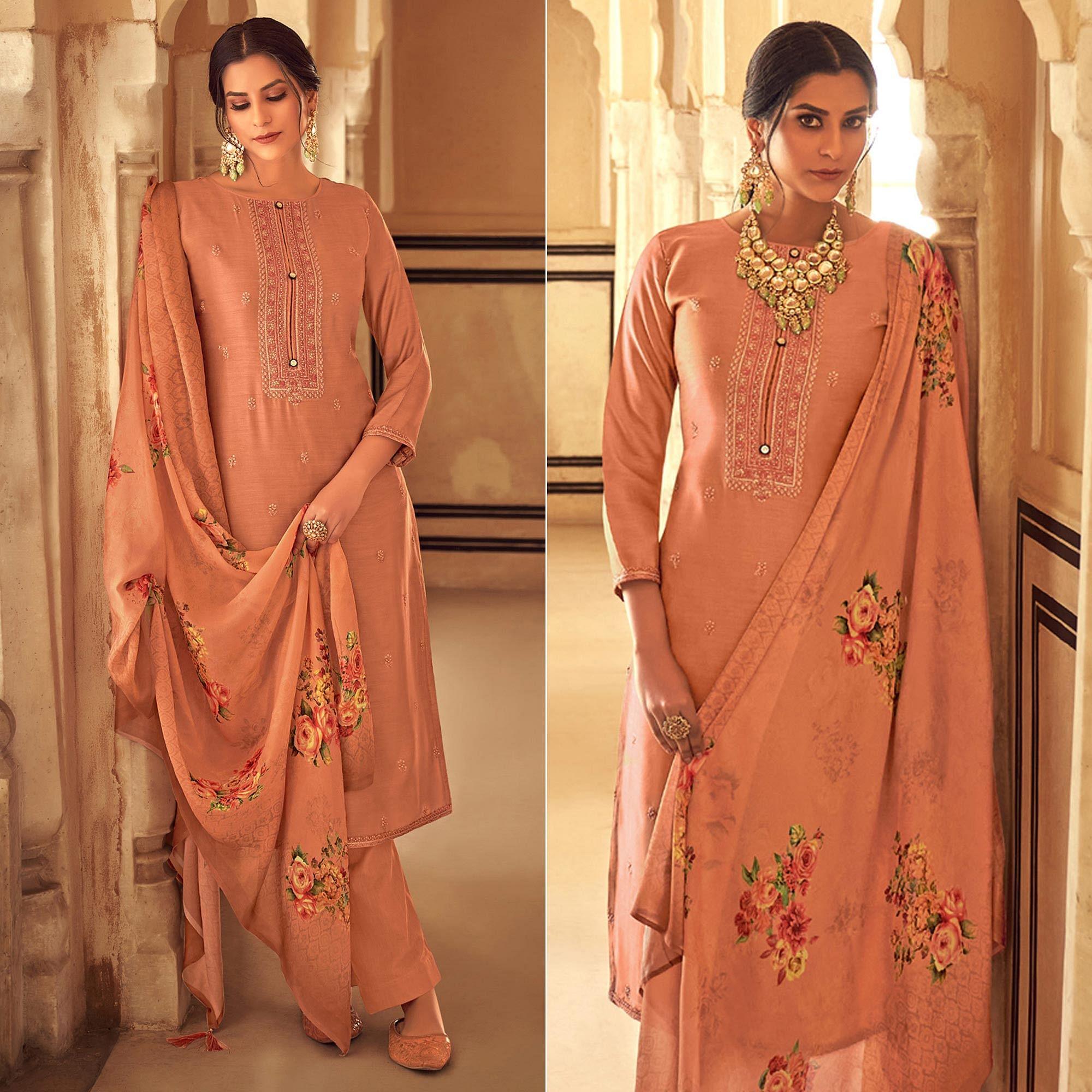 Brown Partywear Embroidered Cotton Silk Suit - Peachmode