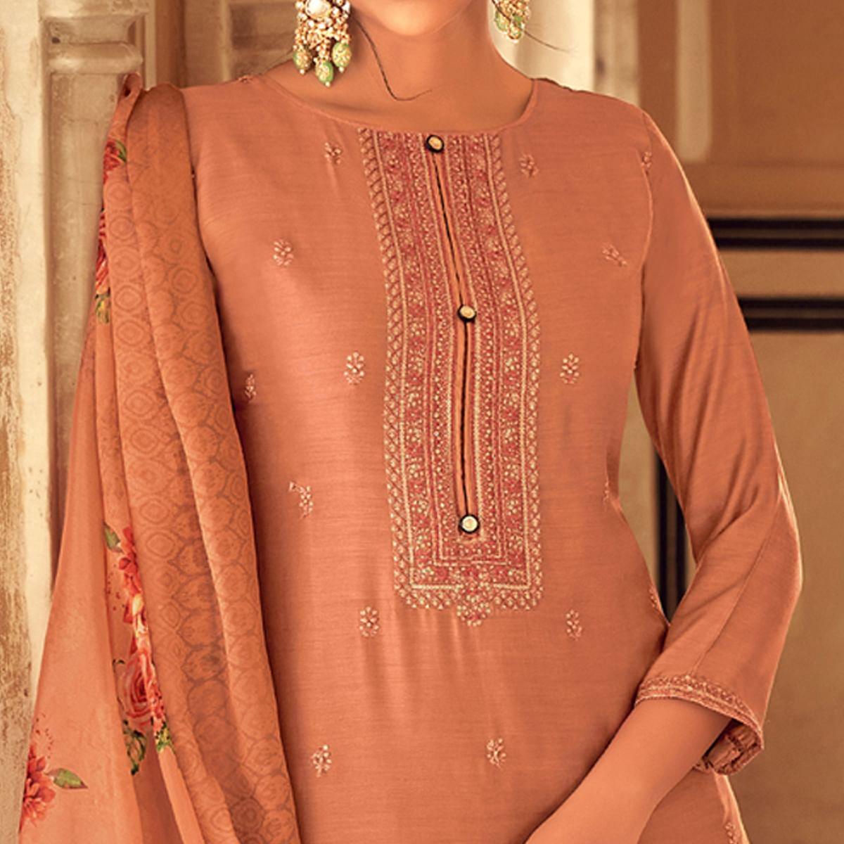 Brown Partywear Embroidered Cotton Silk Suit - Peachmode