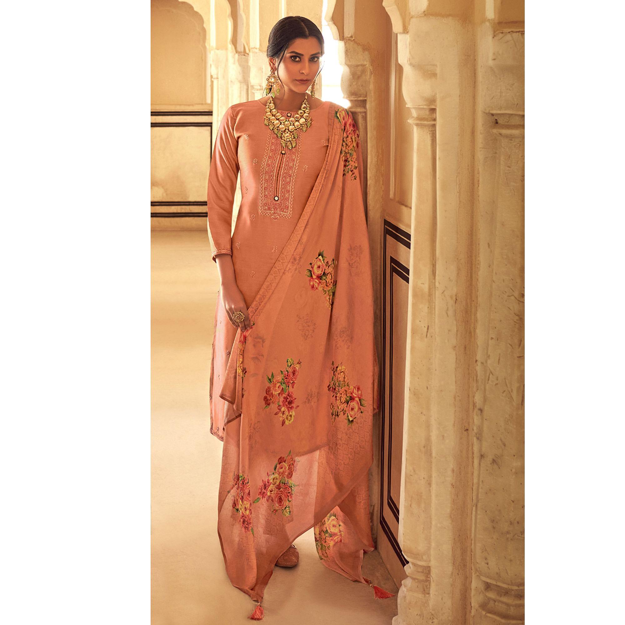 Brown Partywear Embroidered Cotton Silk Suit - Peachmode