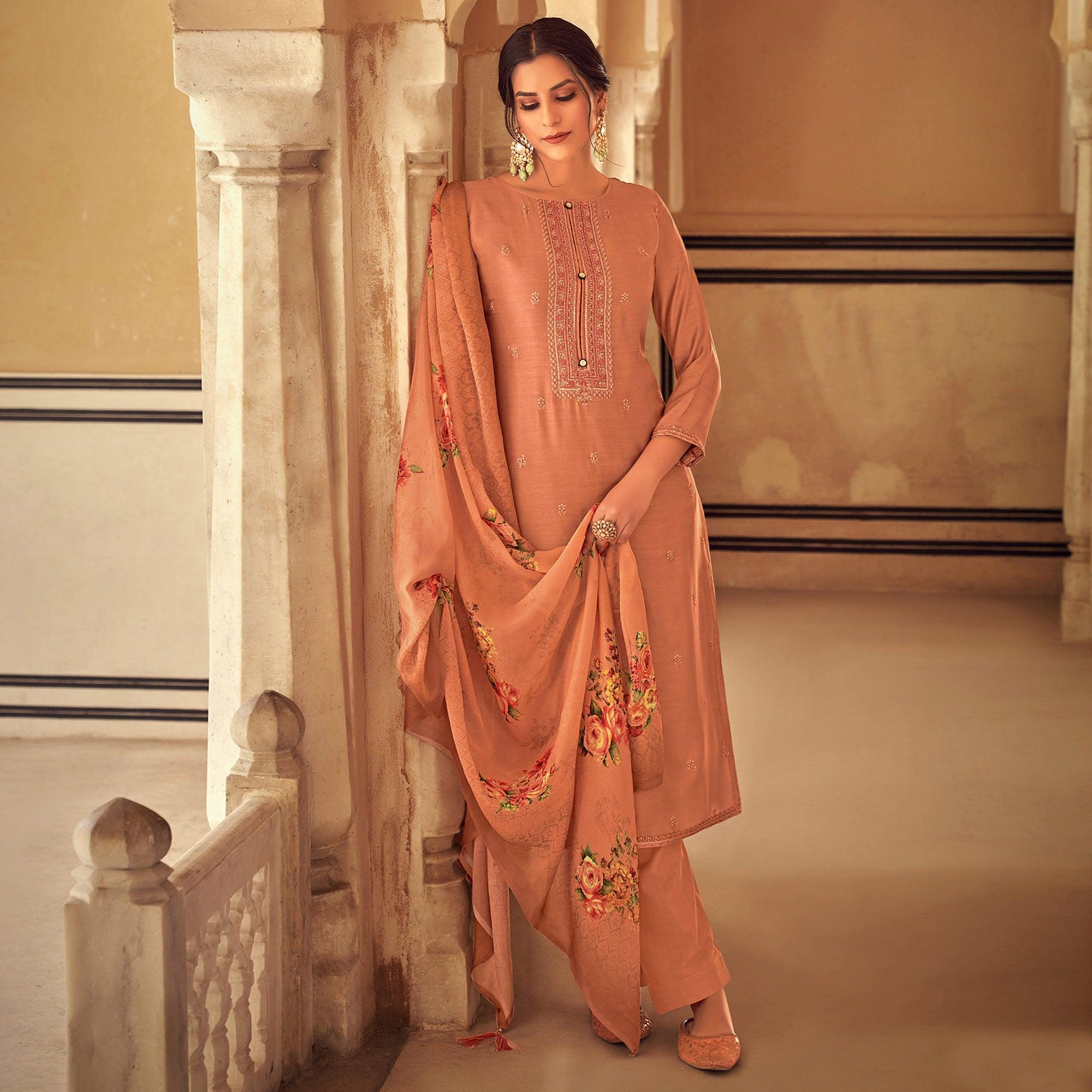 Brown Partywear Embroidered Cotton Silk Suit - Peachmode
