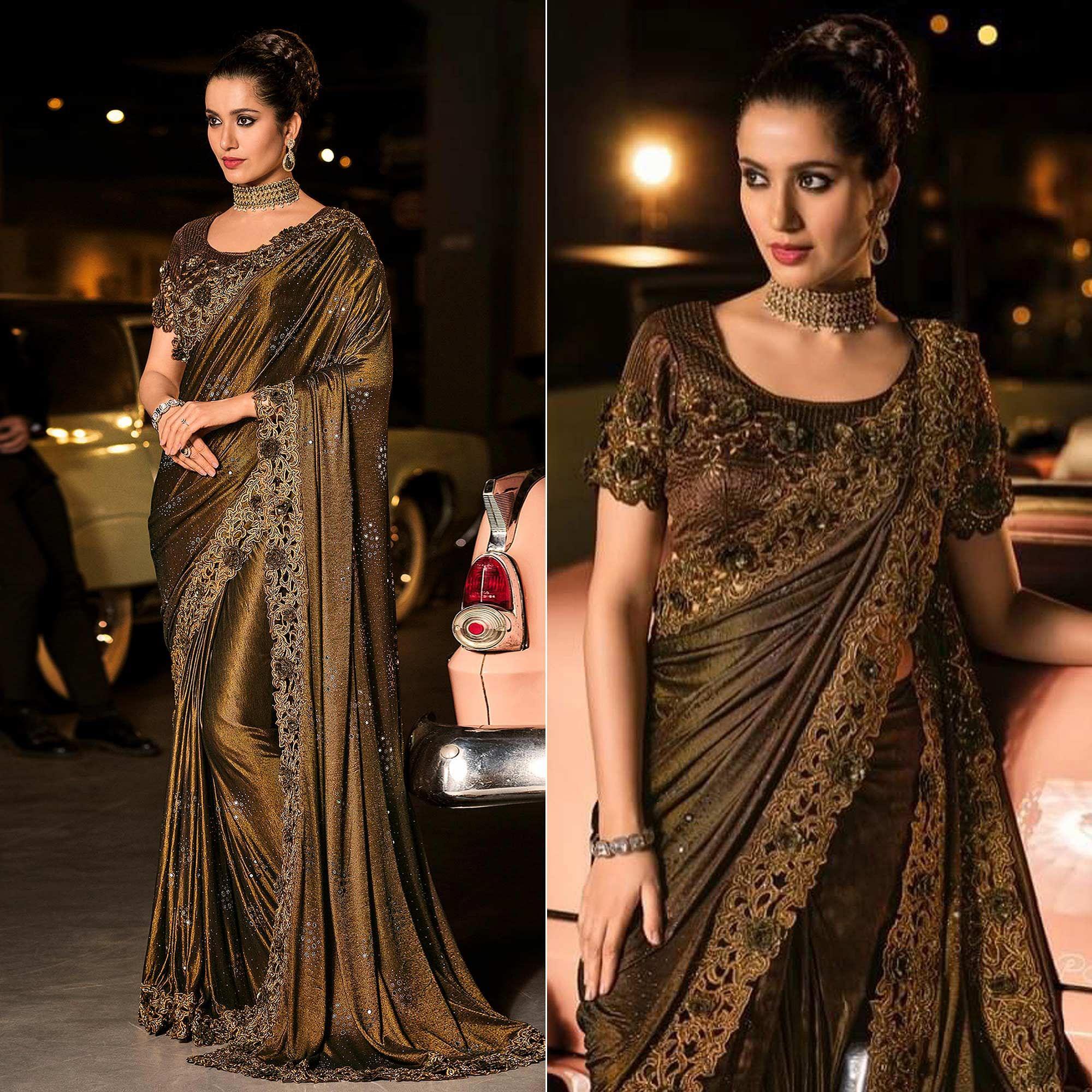 Brown Partywear Embroidered Embellished Mirror Work Net Saree - Peachmode