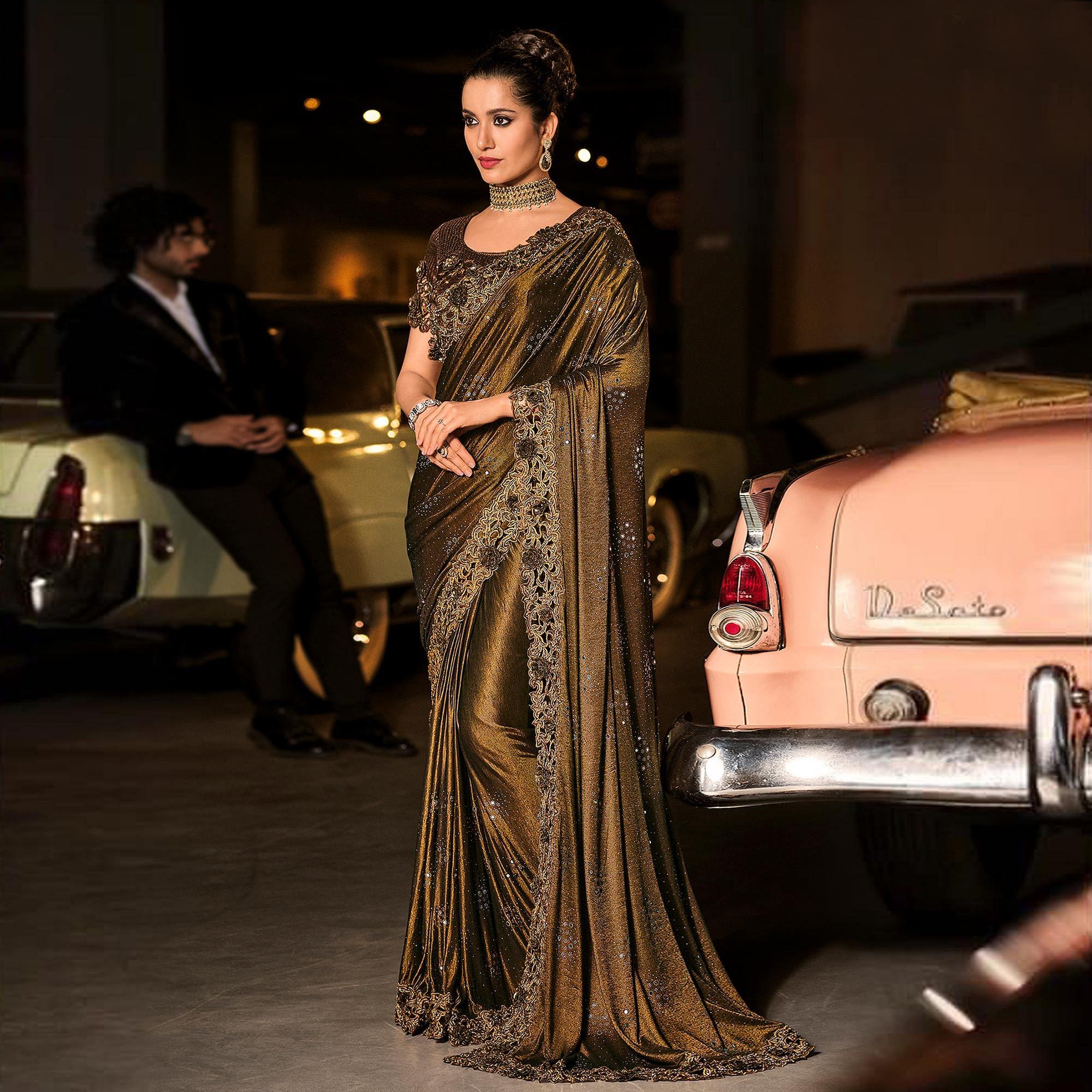 Brown Partywear Embroidered Embellished Mirror Work Net Saree - Peachmode