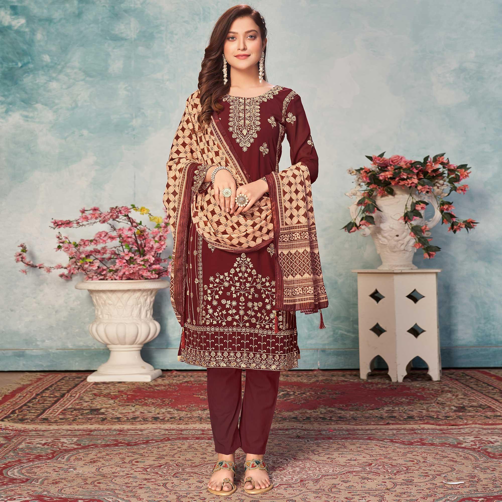 Brown Partywear Embroidered Faux Georgette Salwar Suit - Peachmode