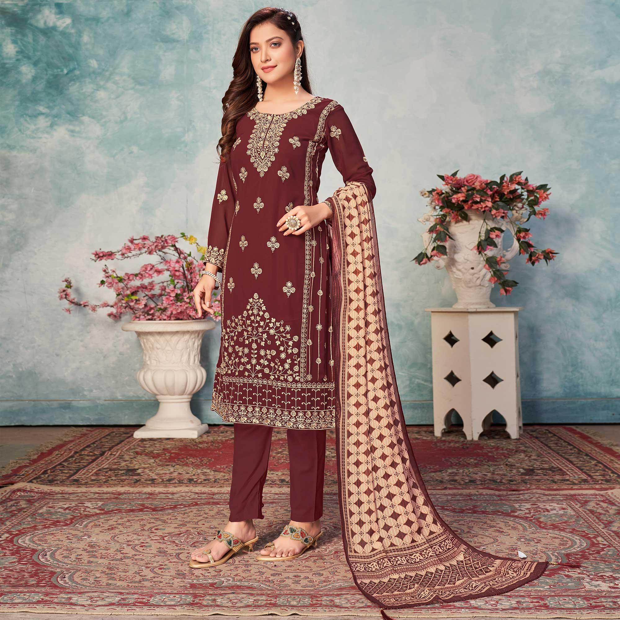 Brown Partywear Embroidered Faux Georgette Salwar Suit - Peachmode